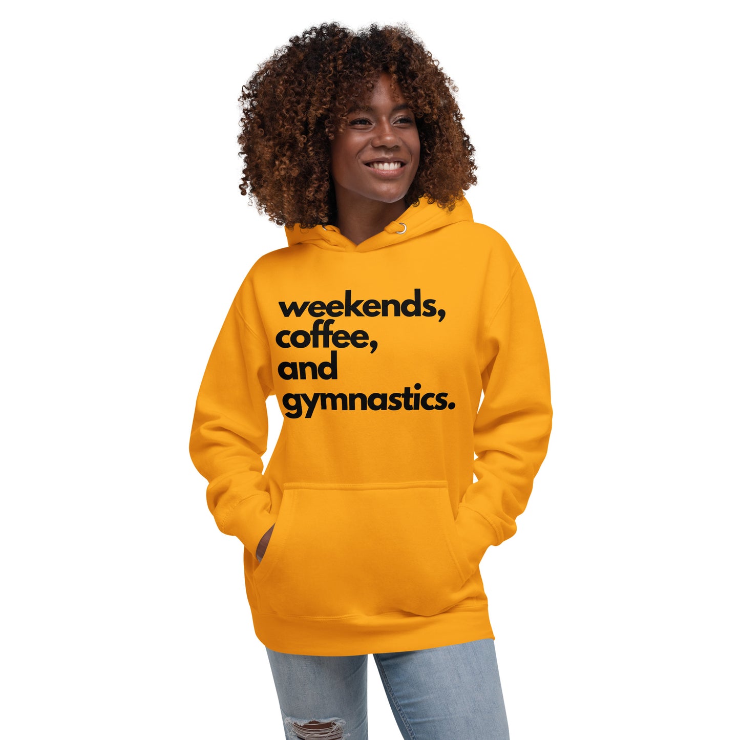 Gold parent hoodie with hood and kangaroo pocket, front graphic text.