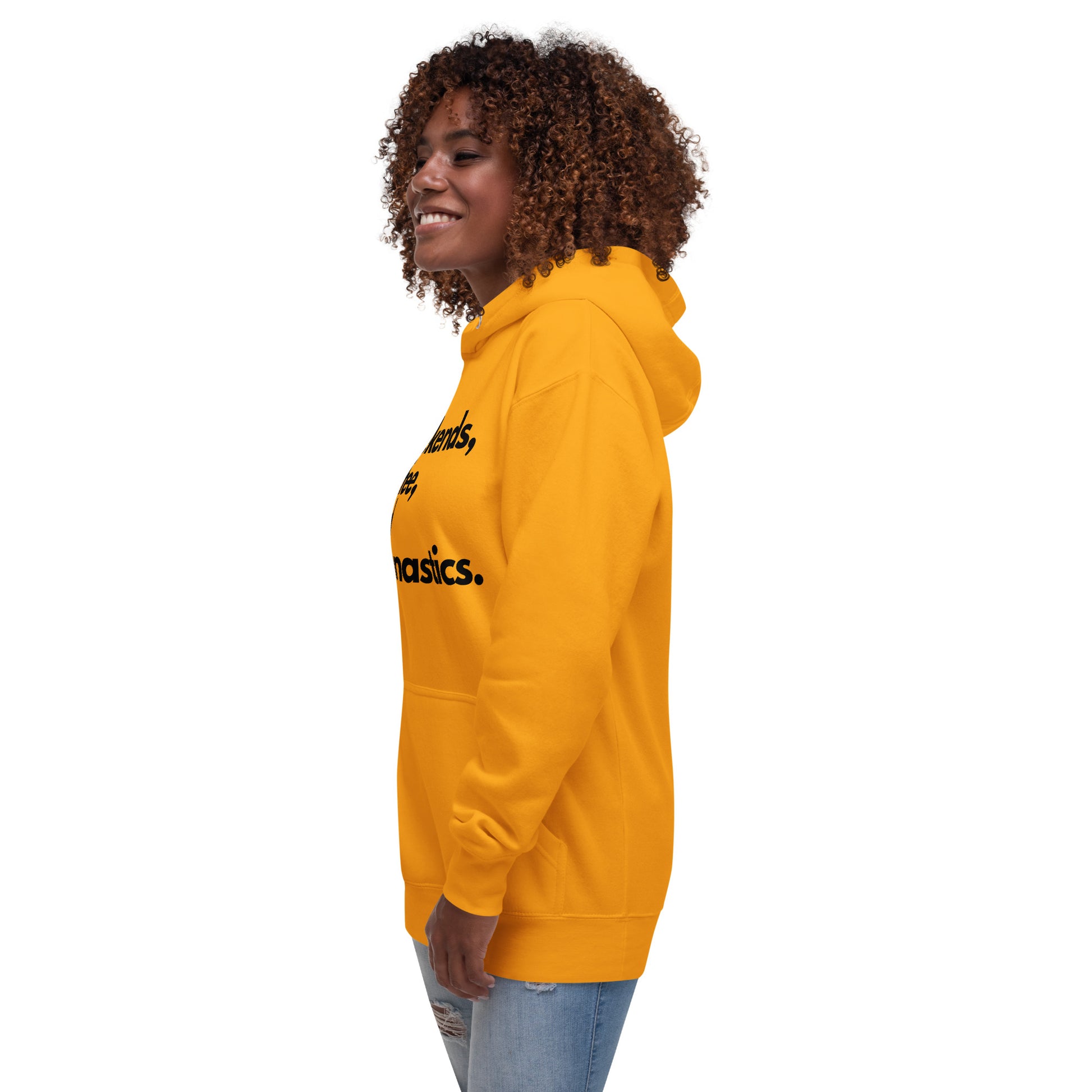 Gold parent hoodie, side view with partial graphic print on sleeve.