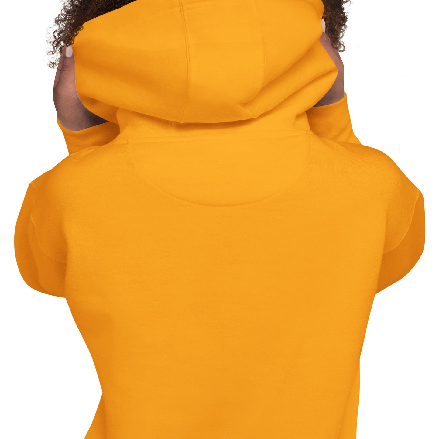 Gold parent hoodie close-up of hood and back neckline.