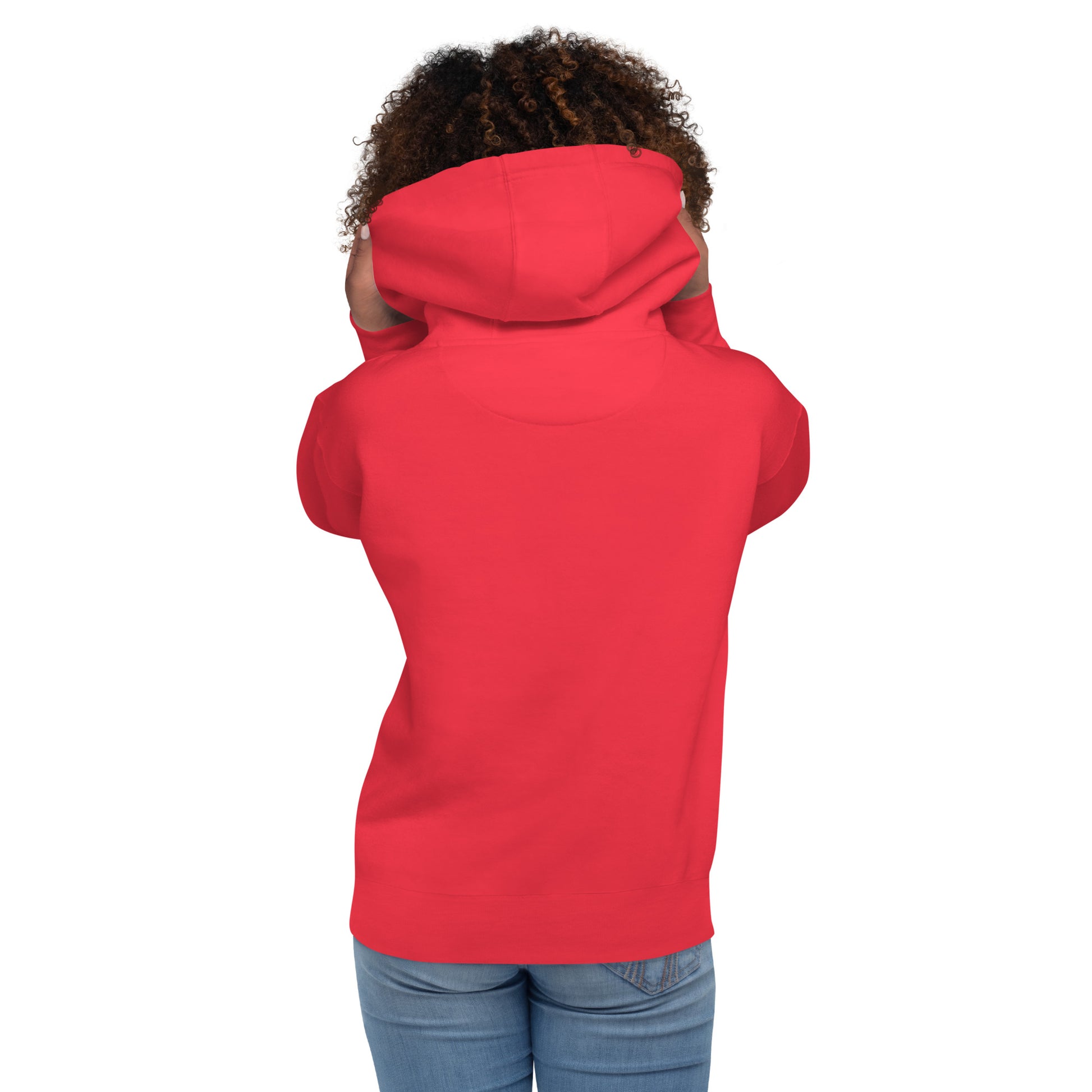 Red hoodie back view with hood up and long sleeves