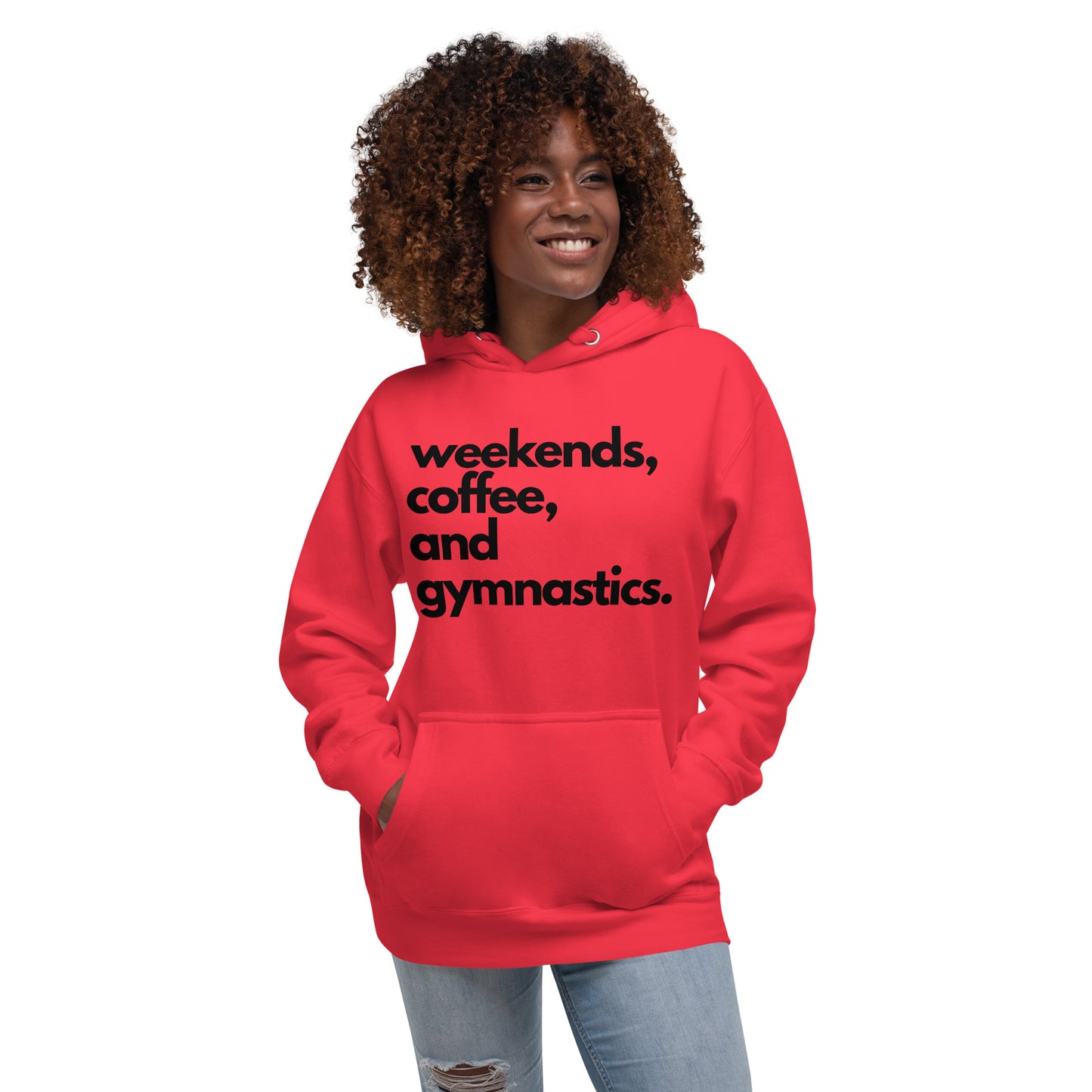 Red hoodie with black "weekends, coffee, and gymnastics" text and kangaroo pocket