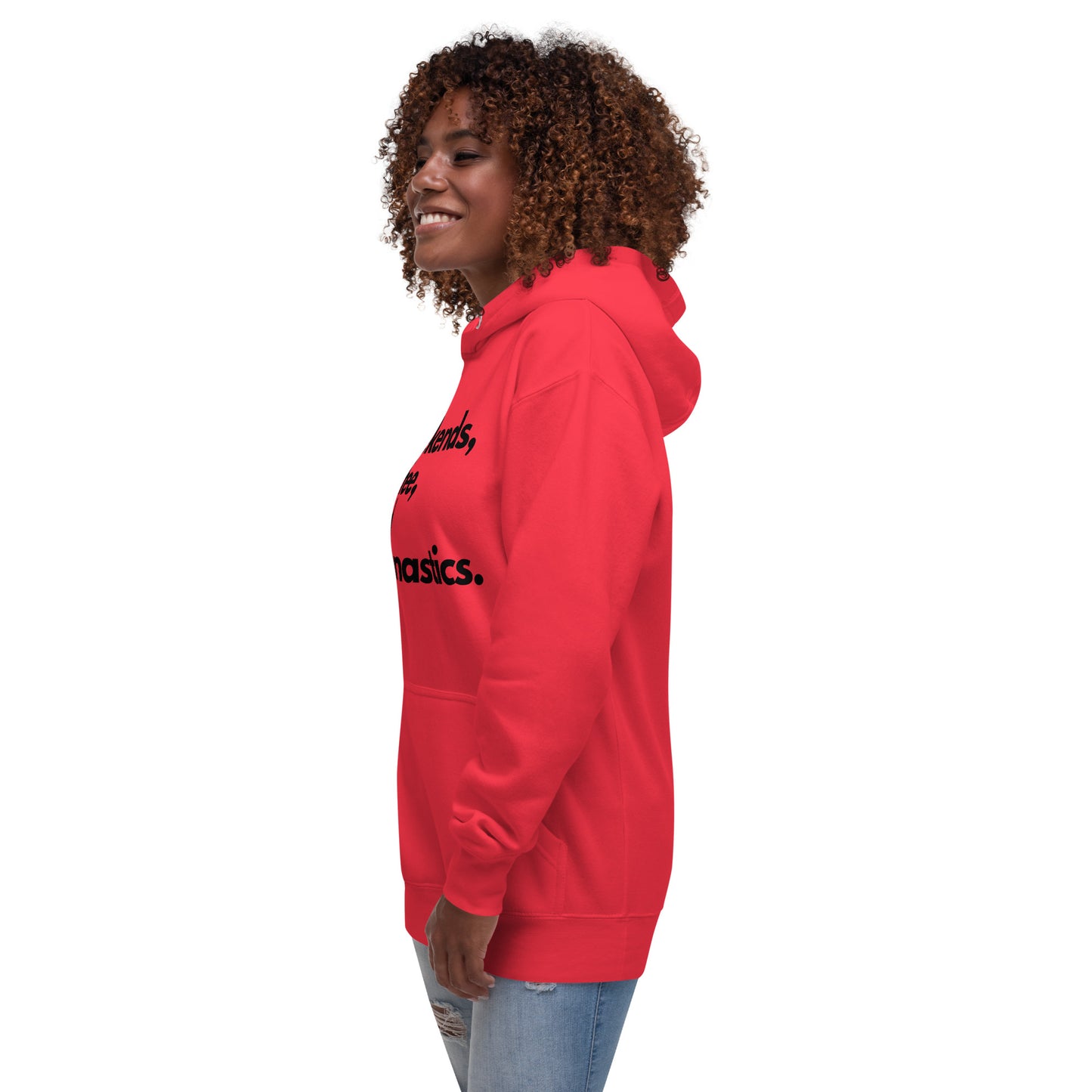 Red gymnastics parent hoodie, side view with hood and front pocket