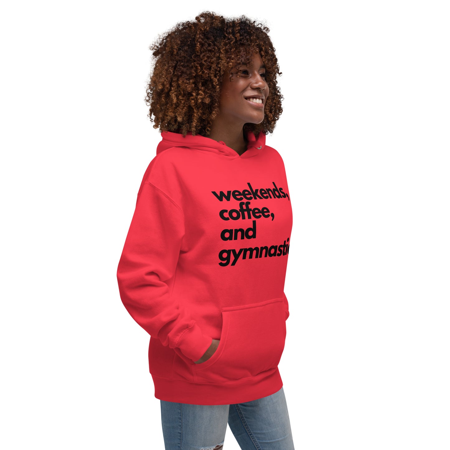 Red hoodie with black "weekends, coffee, and gymnastics" text on chest