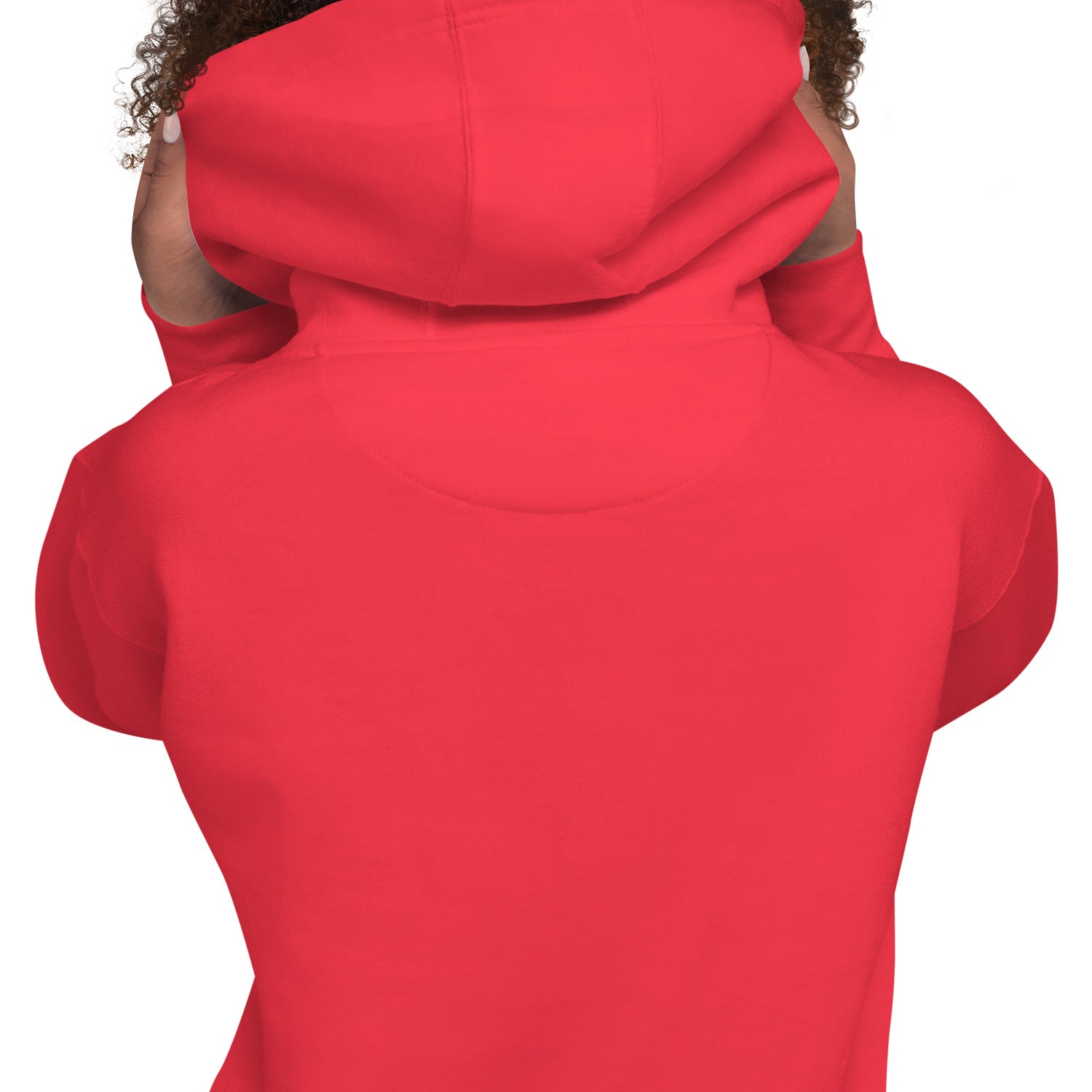 Red hoodie back close-up with hood and kangaroo pocket