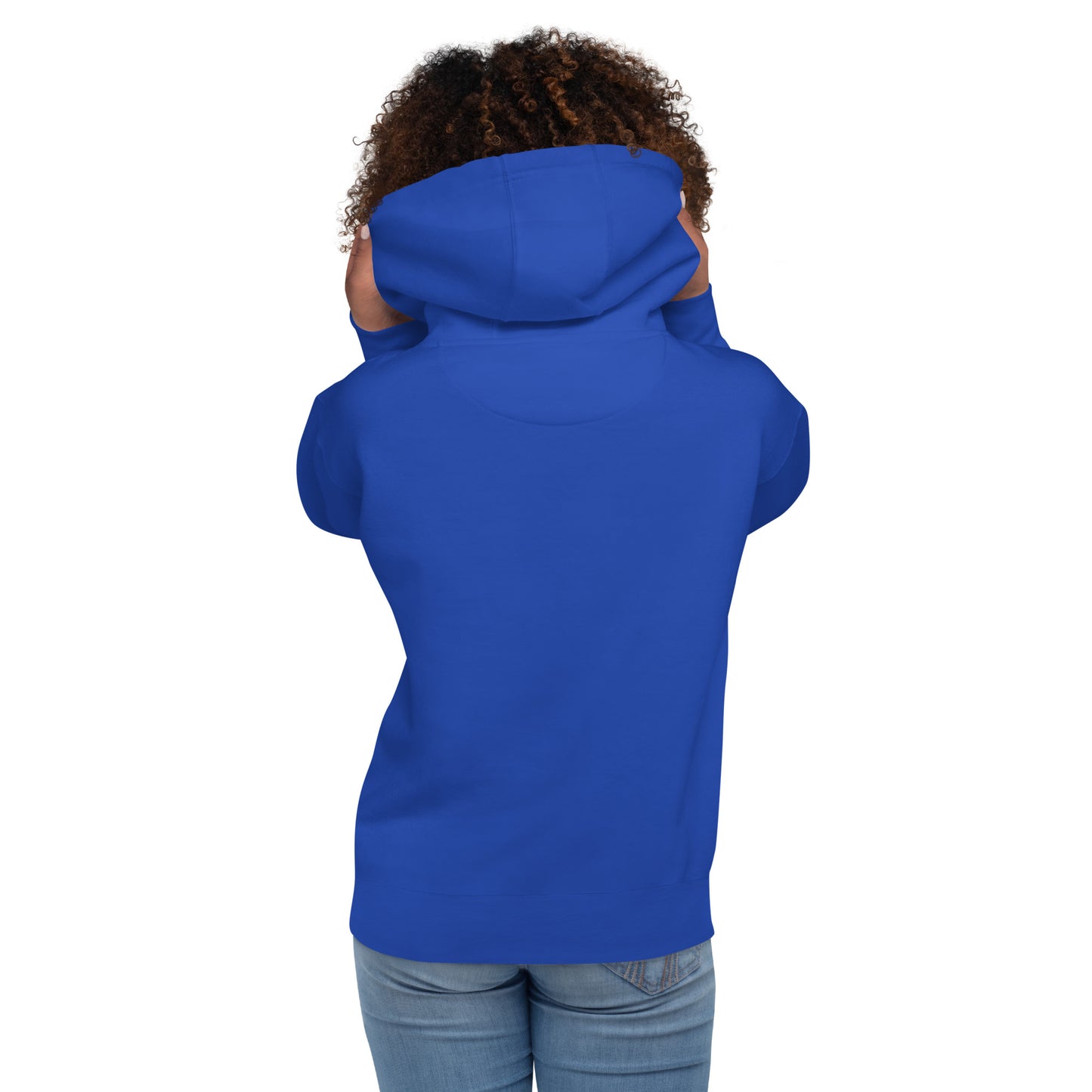 Blue hooded sweatshirt back view with drawstring hood and kangaroo pocket
