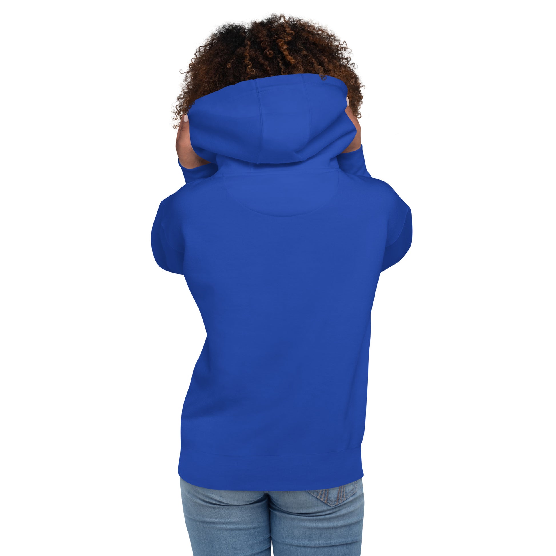 Blue hooded sweatshirt back view with drawstring hood and kangaroo pocket