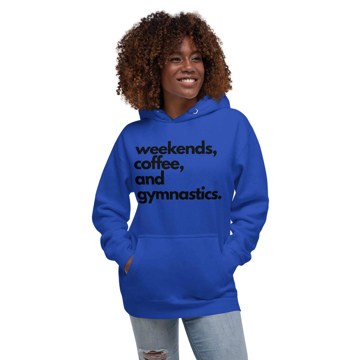 Blue hooded sweatshirt with front text design, kangaroo pocket, and drawstring hood