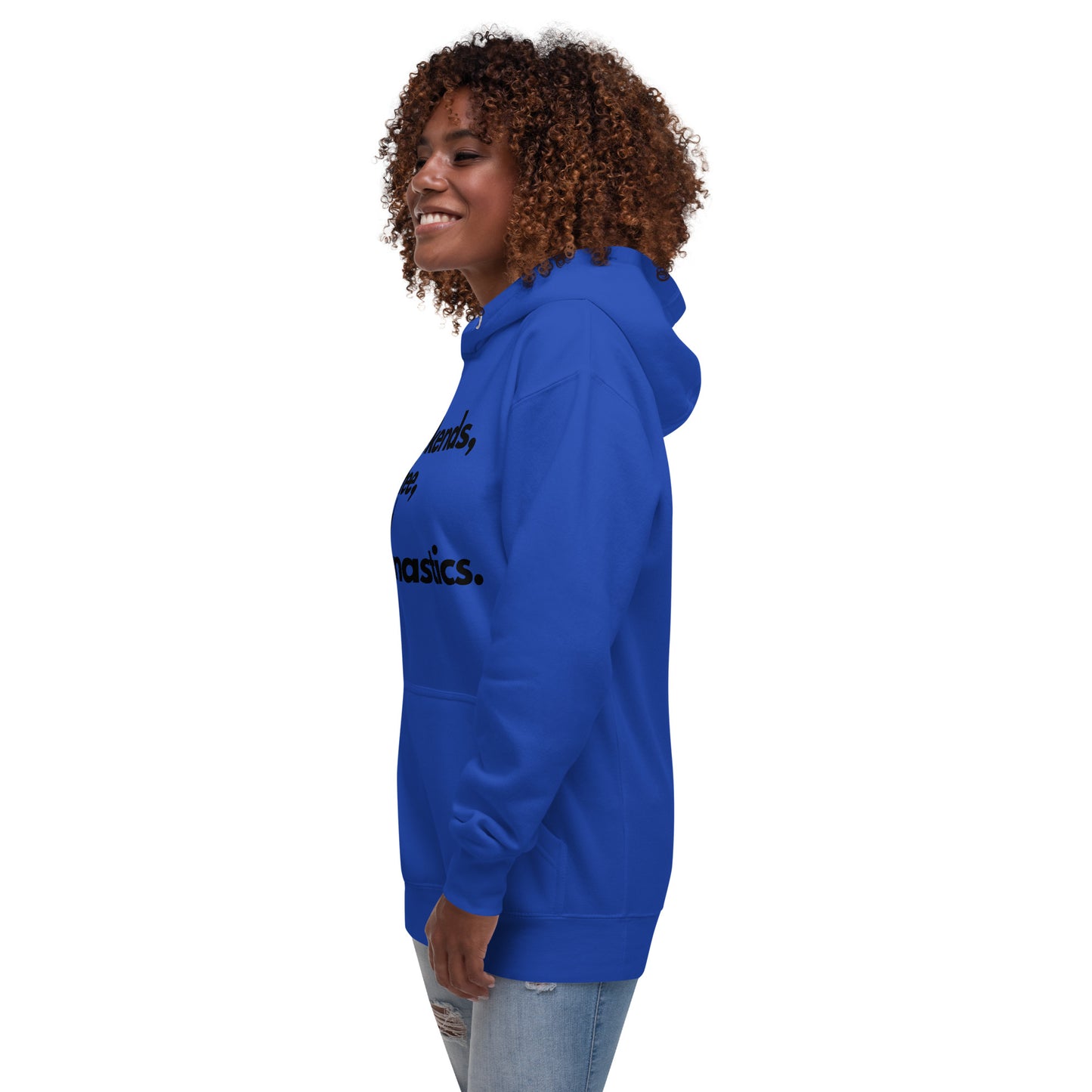 Blue hooded sweatshirt side view with partial front text graphic