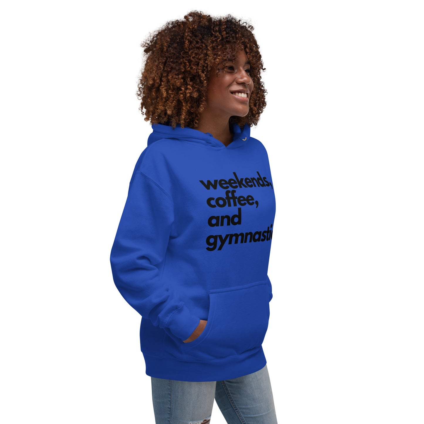 Blue hooded sweatshirt front view with printed words on the chest