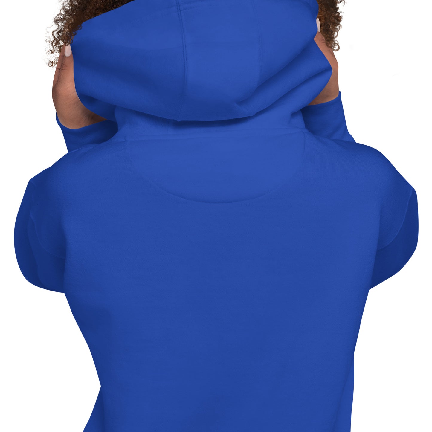 Blue hooded sweatshirt close-up of back hood and drawstring ties