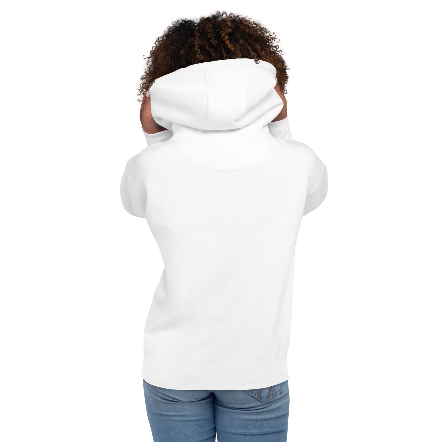 White pullover hoodie, back view with hood; long sleeves and kangaroo pocket.