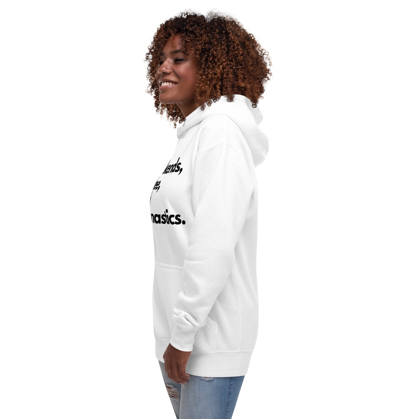 White pullover hoodie with partial front text on sleeve; hood up.
