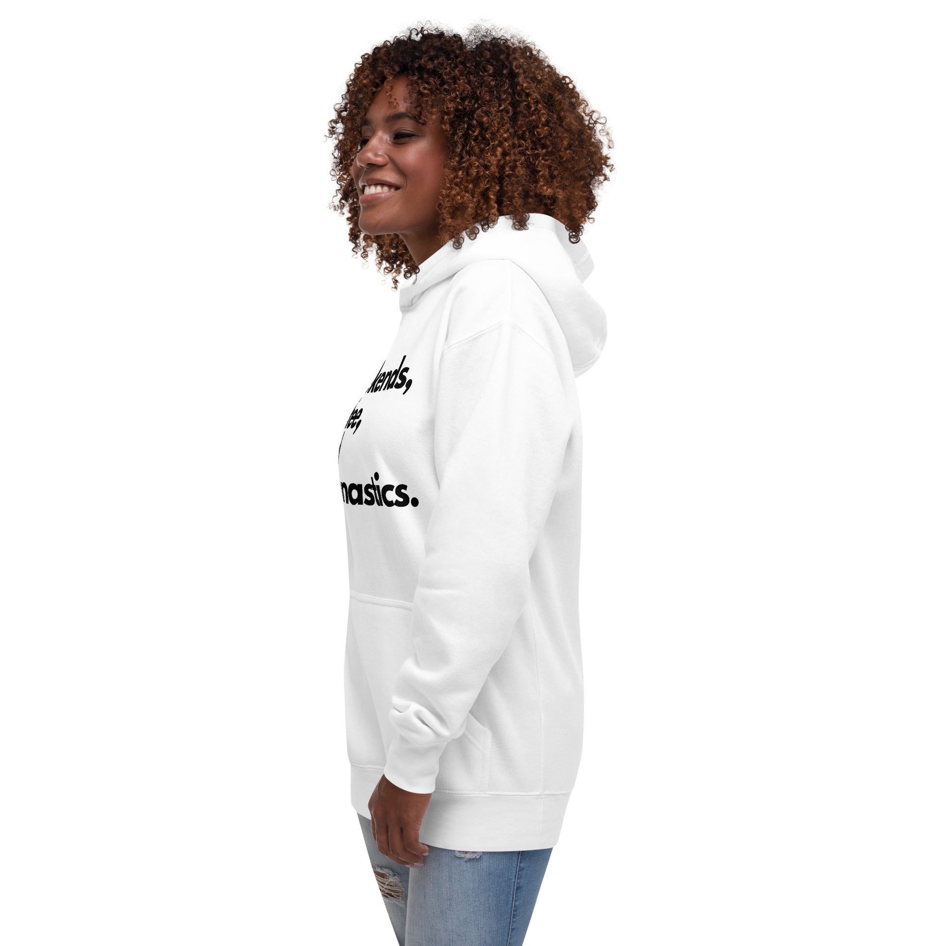 White pullover hoodie with partial front text on sleeve; hood up.