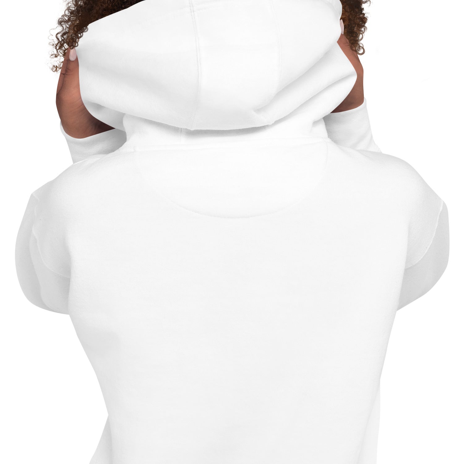 White pullover hoodie, hood up; blank back view with kangaroo pocket.