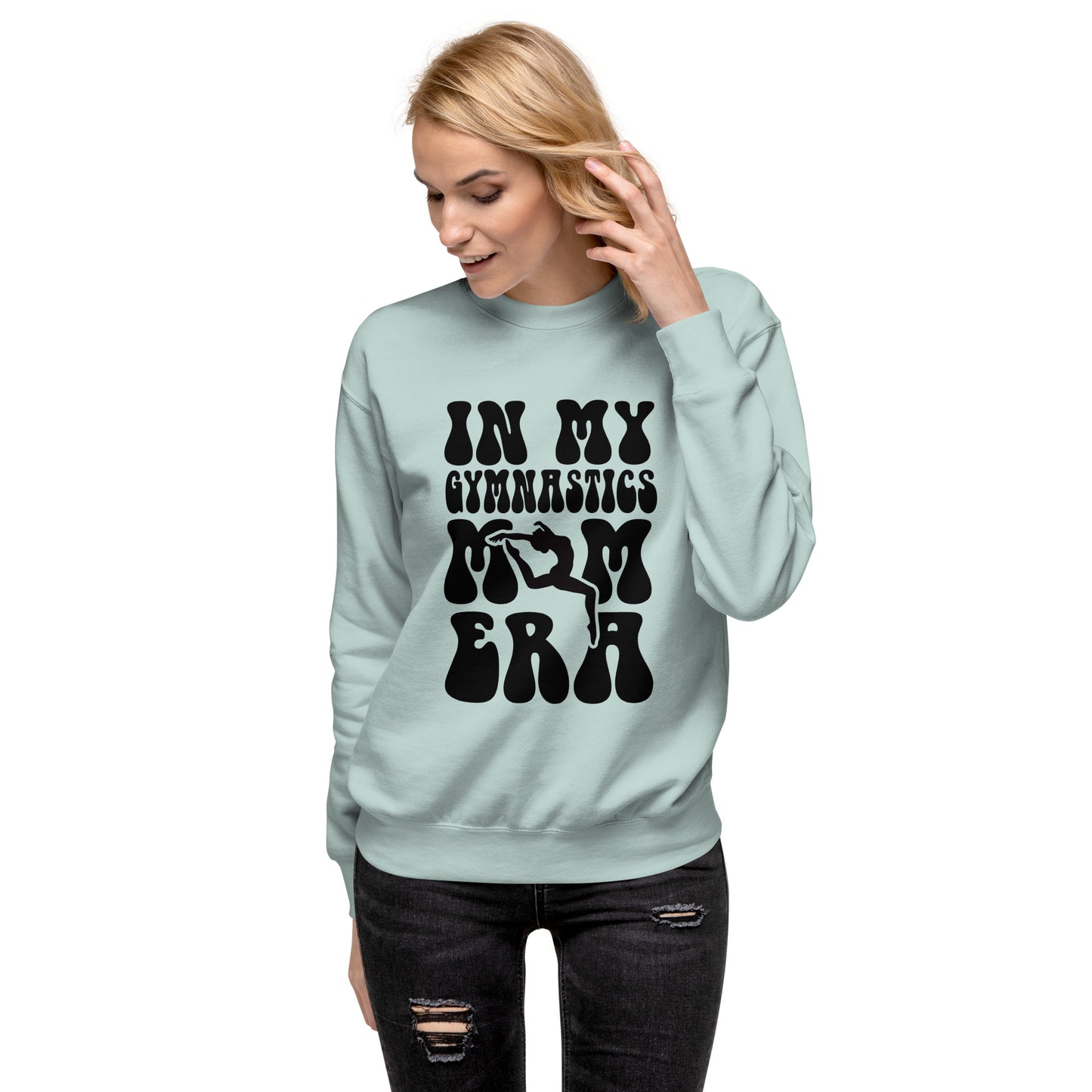 Light blue sweatshirt with black gymnastics-themed graphic on the front, long sleeves