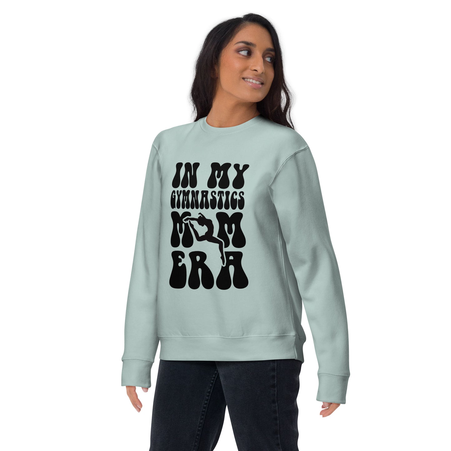 Sage green gymnastics hoodie with black “GYMNASTICS” graphic and leg/ER silhouettes