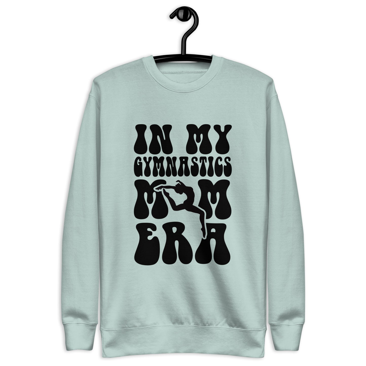 Light teal crewneck sweatshirt with black gymnastics mom graphic on front
