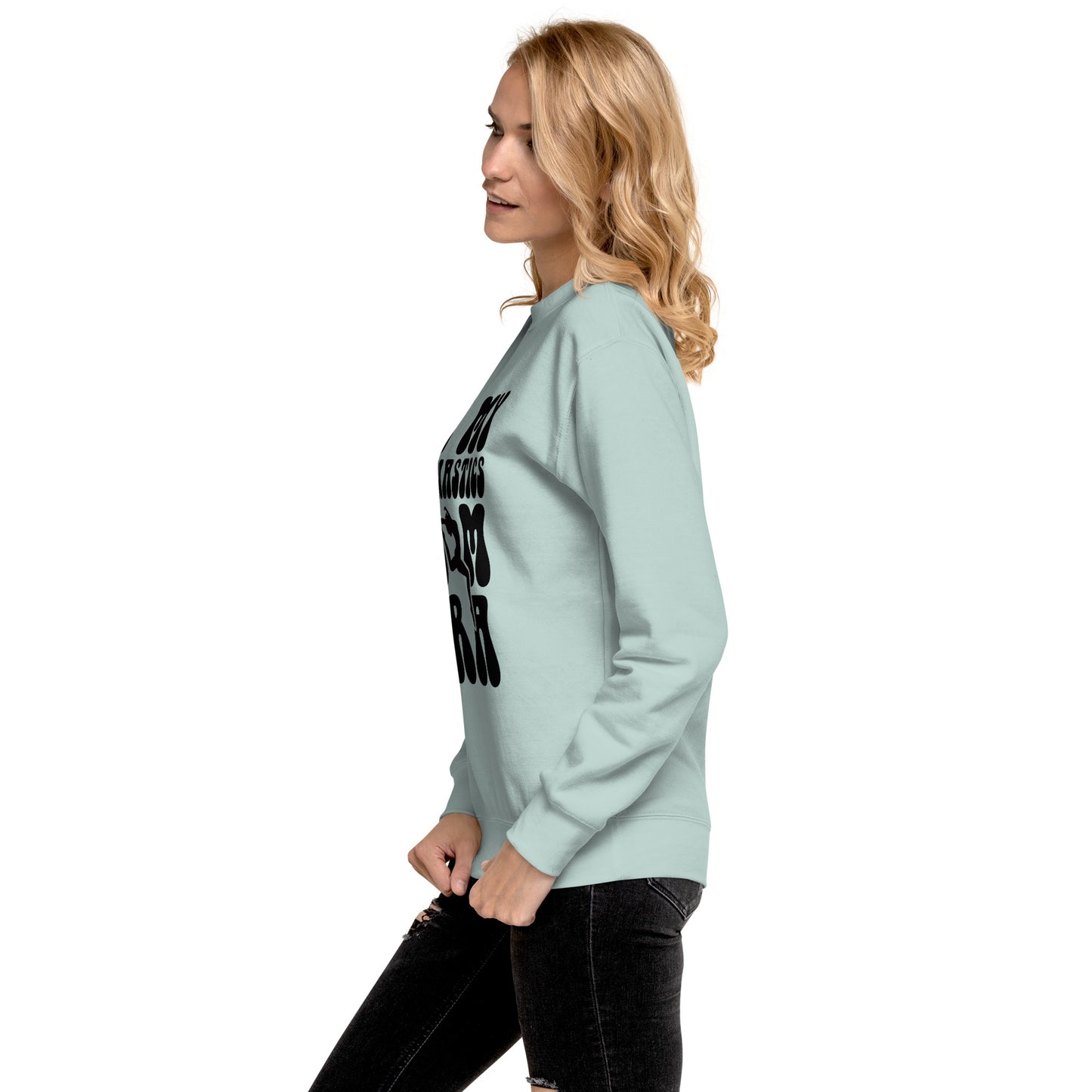 Light blue crewneck sweatshirt with black graphic on back