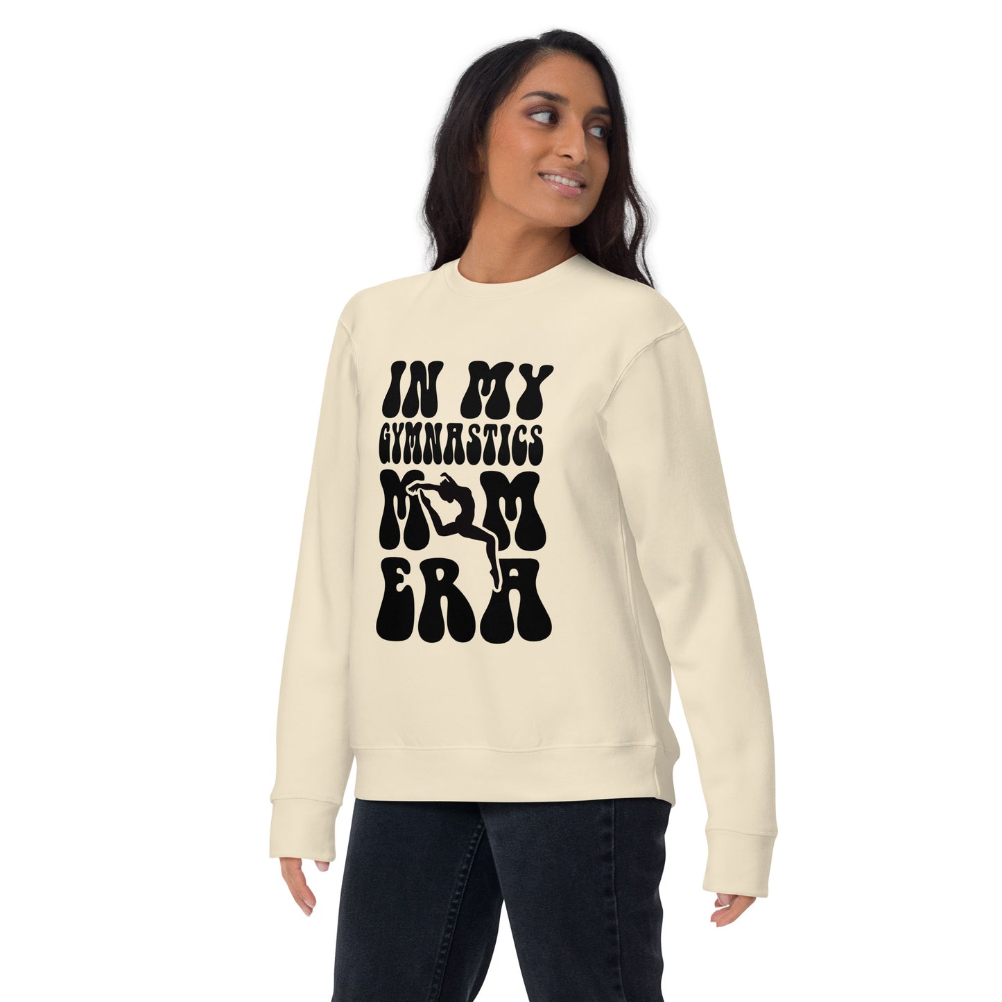 Cream gymnastics hoodie with black “GYMNASTICS” graphic and leg/ER silhouettes