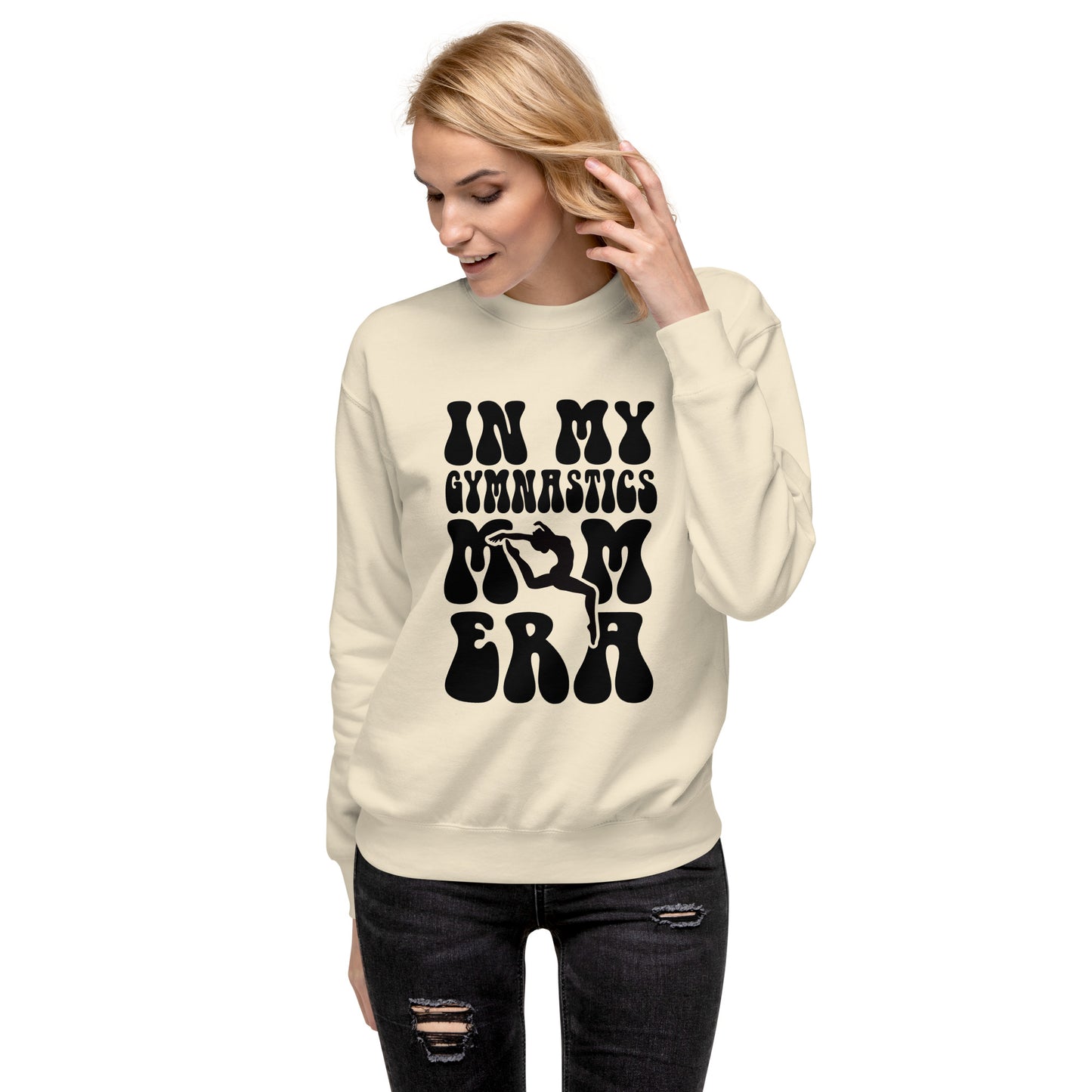 Cream crewneck sweatshirt with black gymnastics silhouette graphic