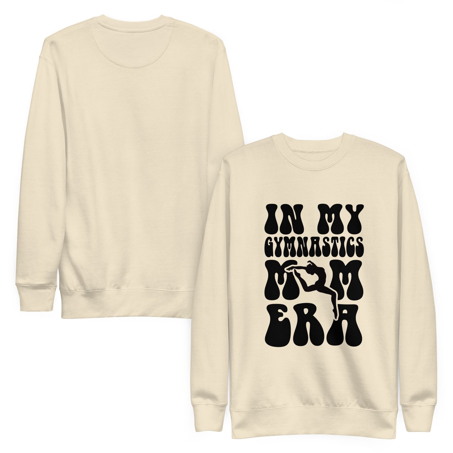 Bone-colored crewneck sweatshirt set with black gymnastics mom front graphic