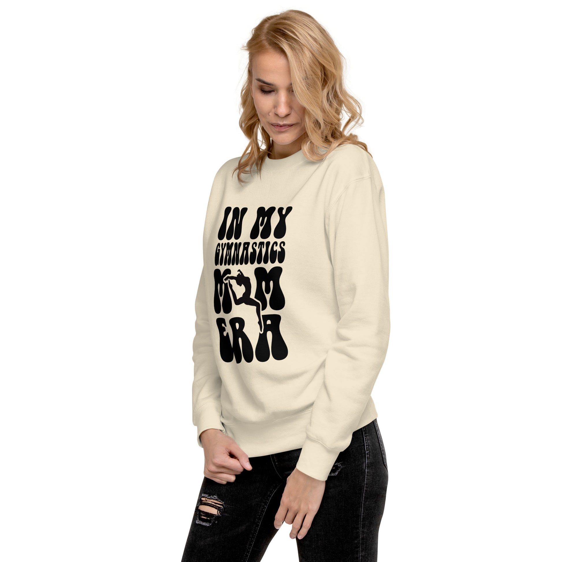 Bone crewneck sweatshirt with black gymnastics era graphic on chest