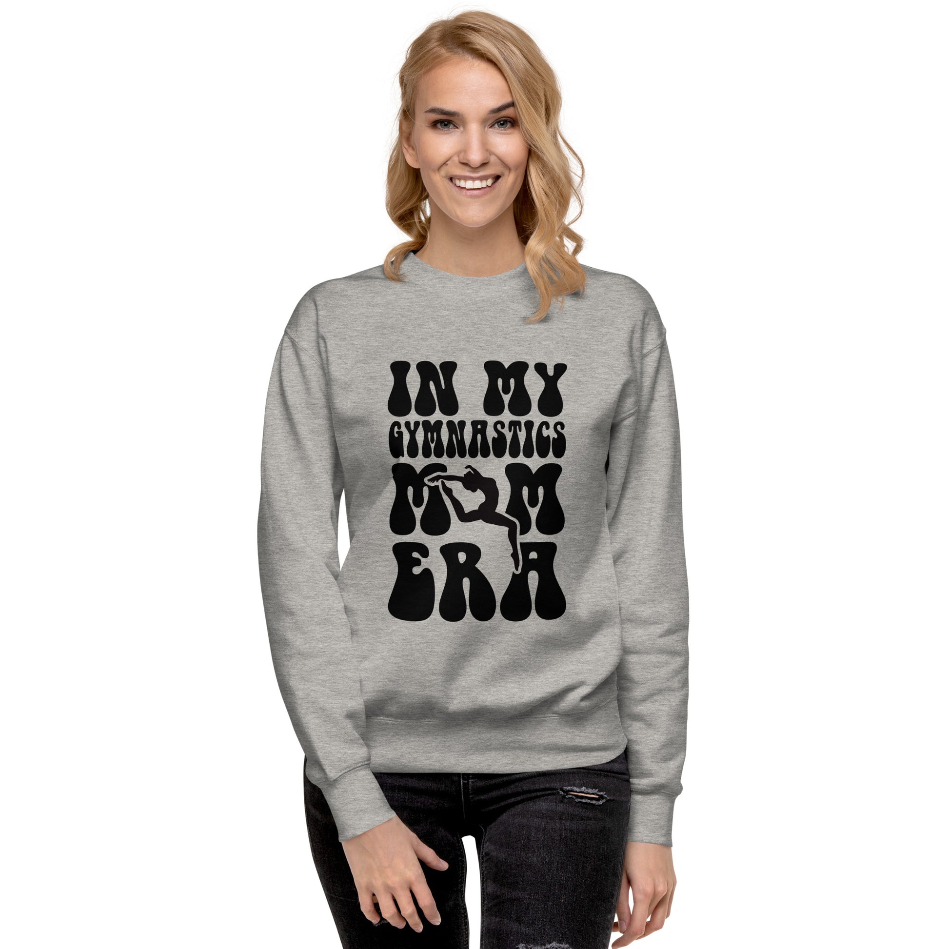 Gray crewneck sweatshirt with black gymnastics era graphic front