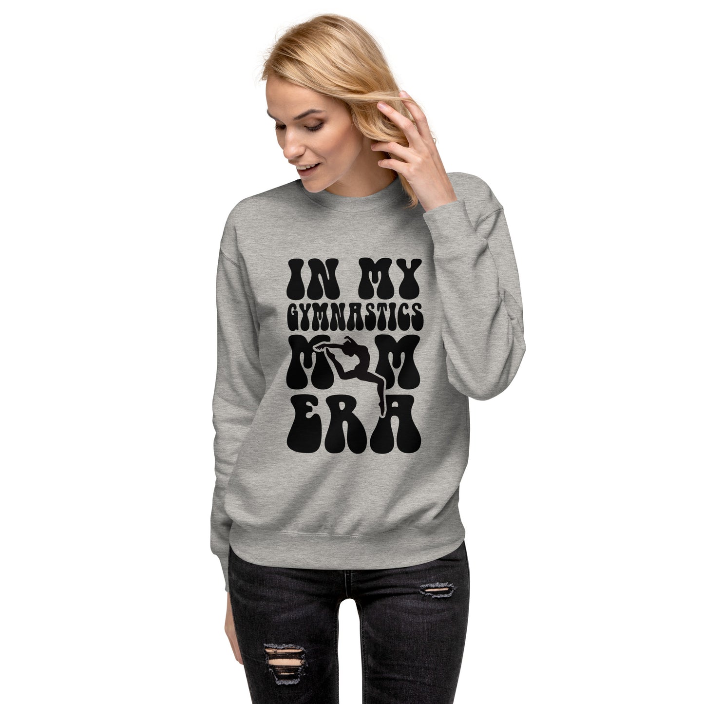 Heather gray crewneck sweatshirt with black gymnastics silhouette graphic