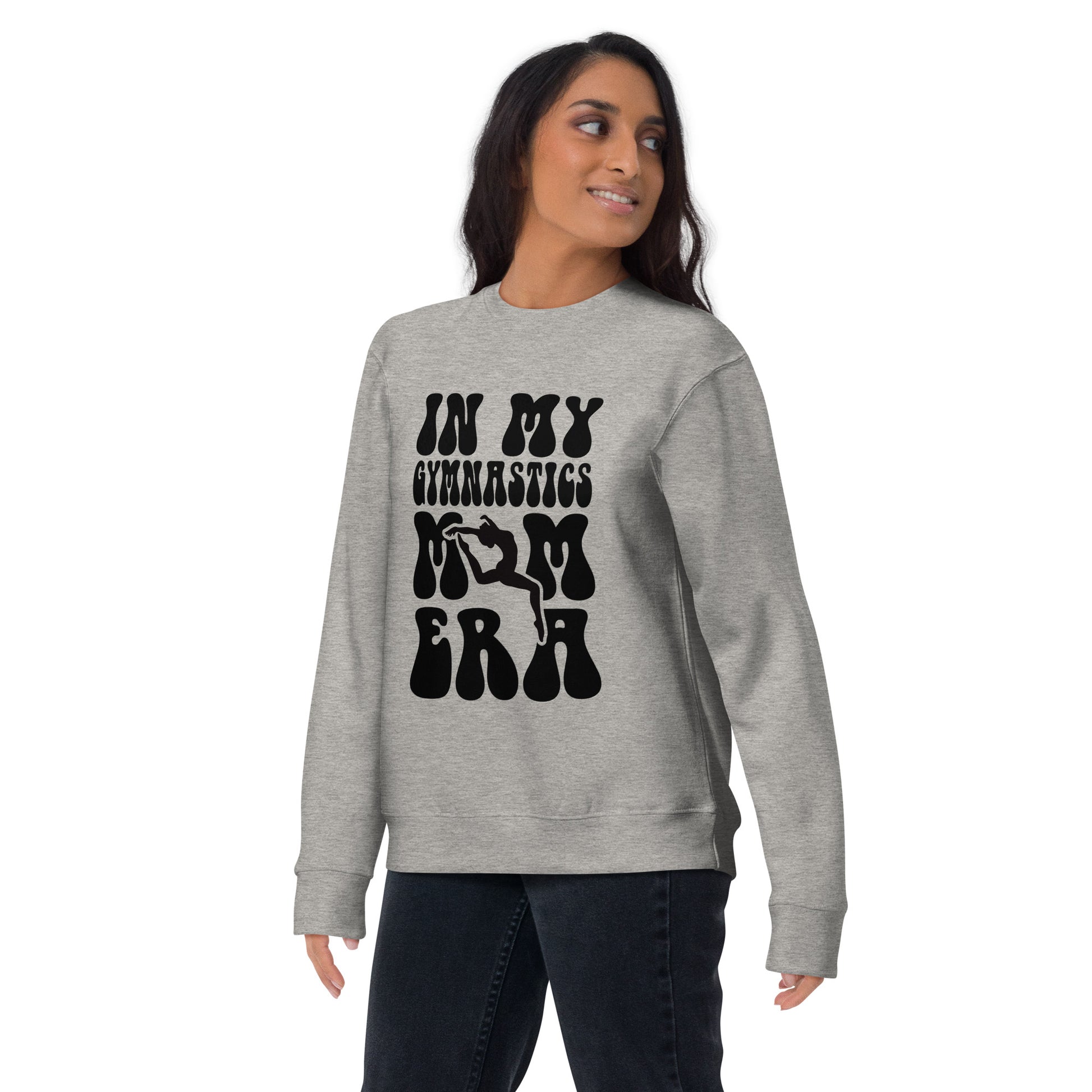 Gray crewneck sweatshirt with black gymnastics mom graphic on front
