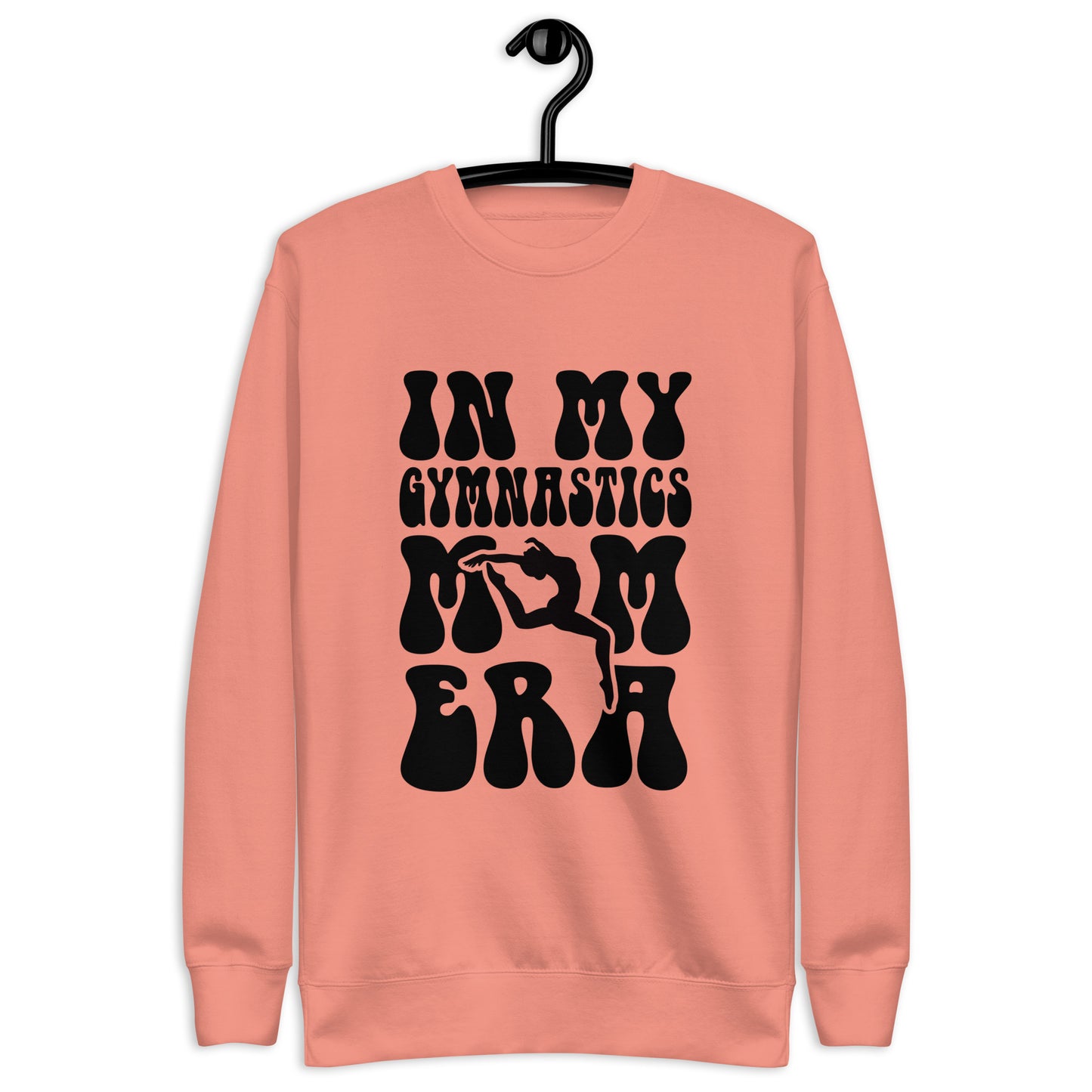 Dusty rose gymnastics hoodie on hanger with black “GYMNASTICS” graphic and leg/ER silhouettes