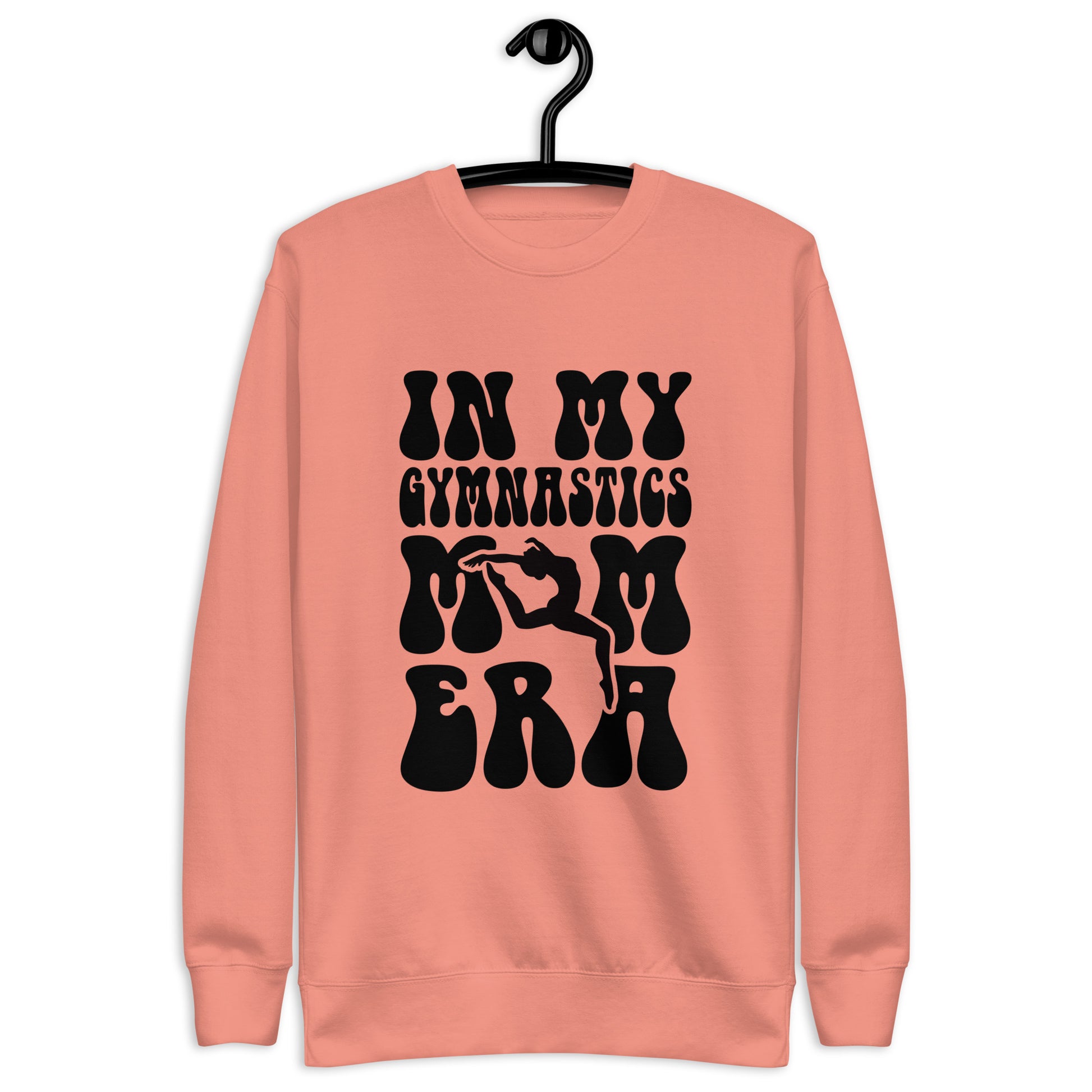 Dusty rose gymnastics hoodie on hanger with black “GYMNASTICS” graphic and leg/ER silhouettes