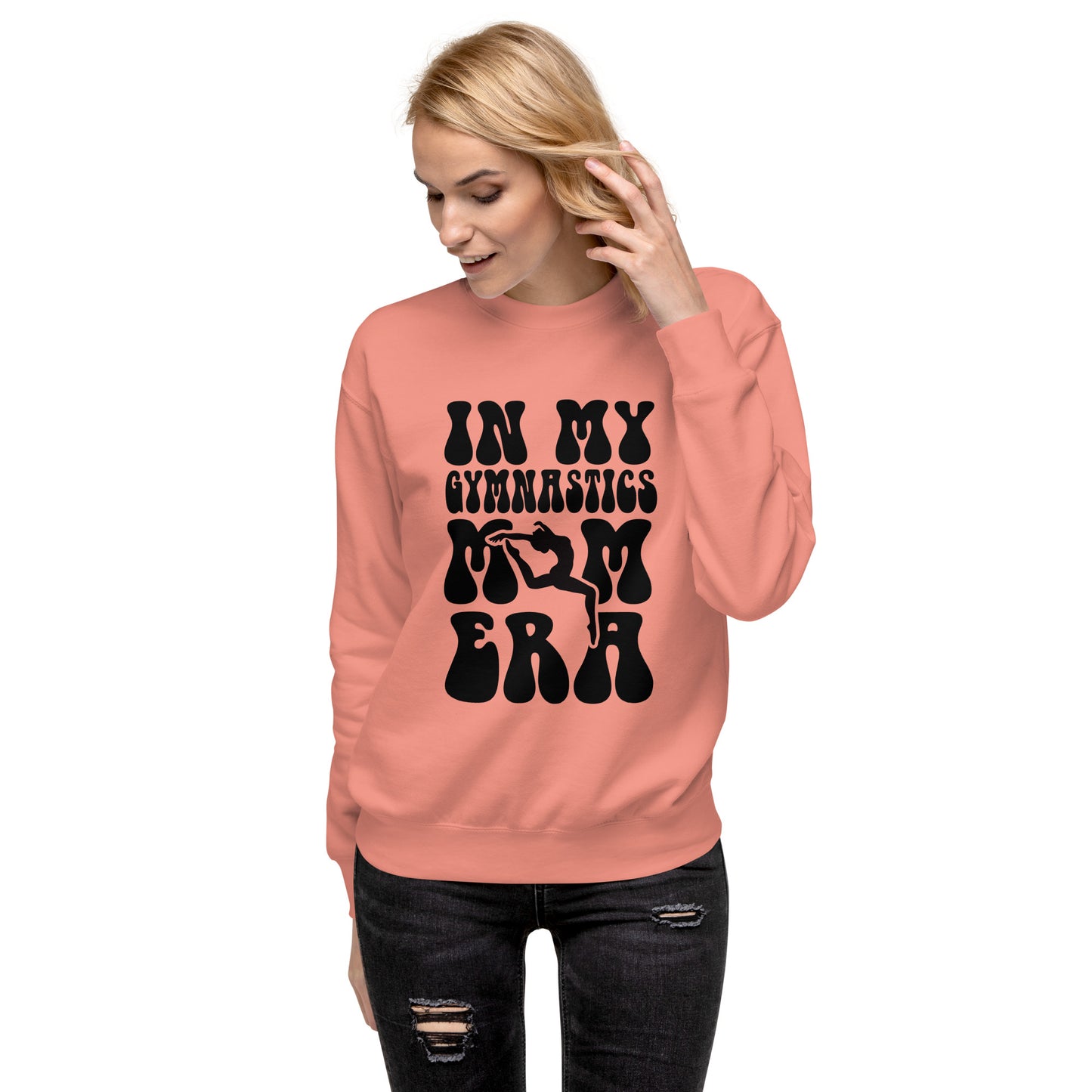 Coral pink crewneck sweatshirt with black gymnastics silhouette graphic