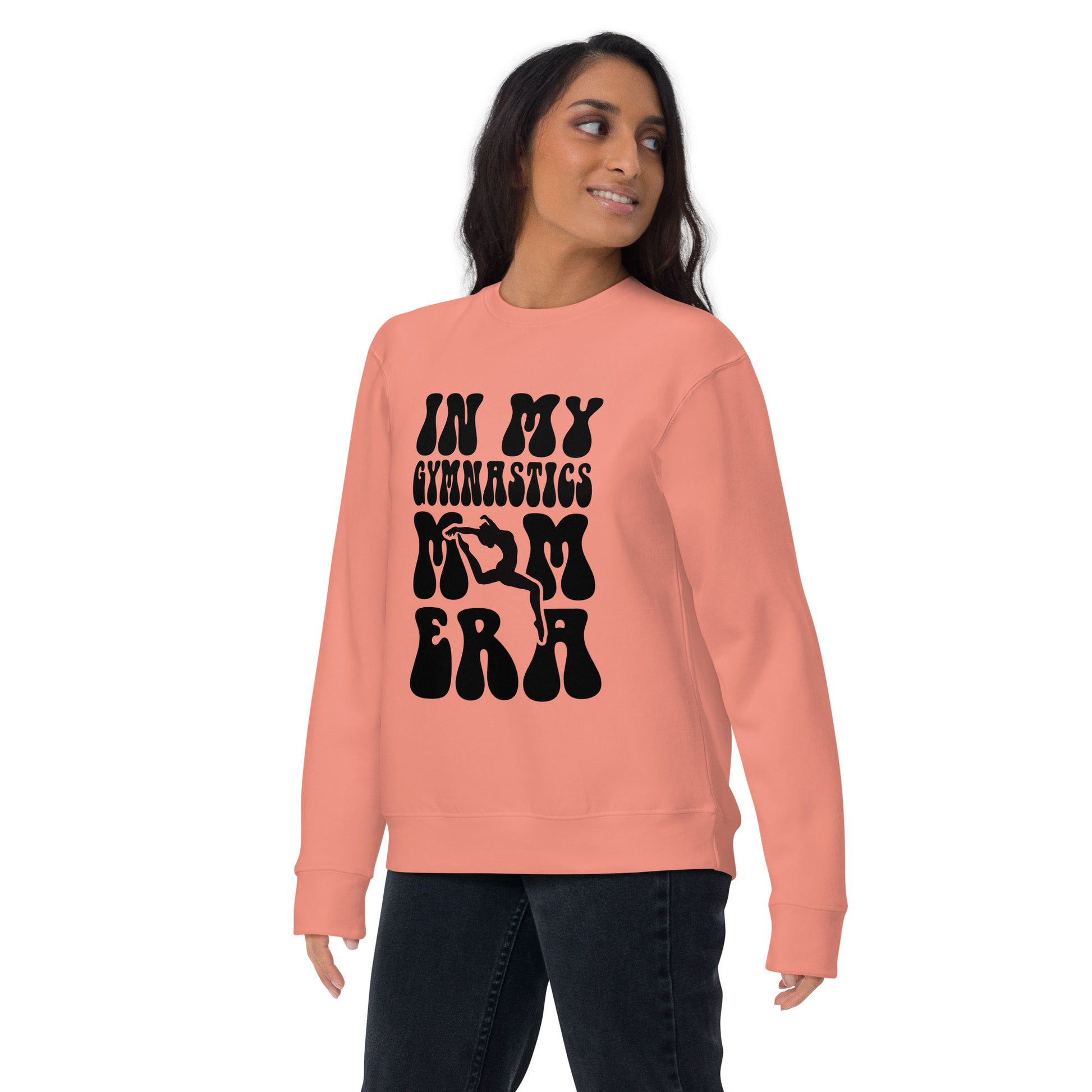 Coral crewneck sweatshirt with black gymnastics era graphic on chest