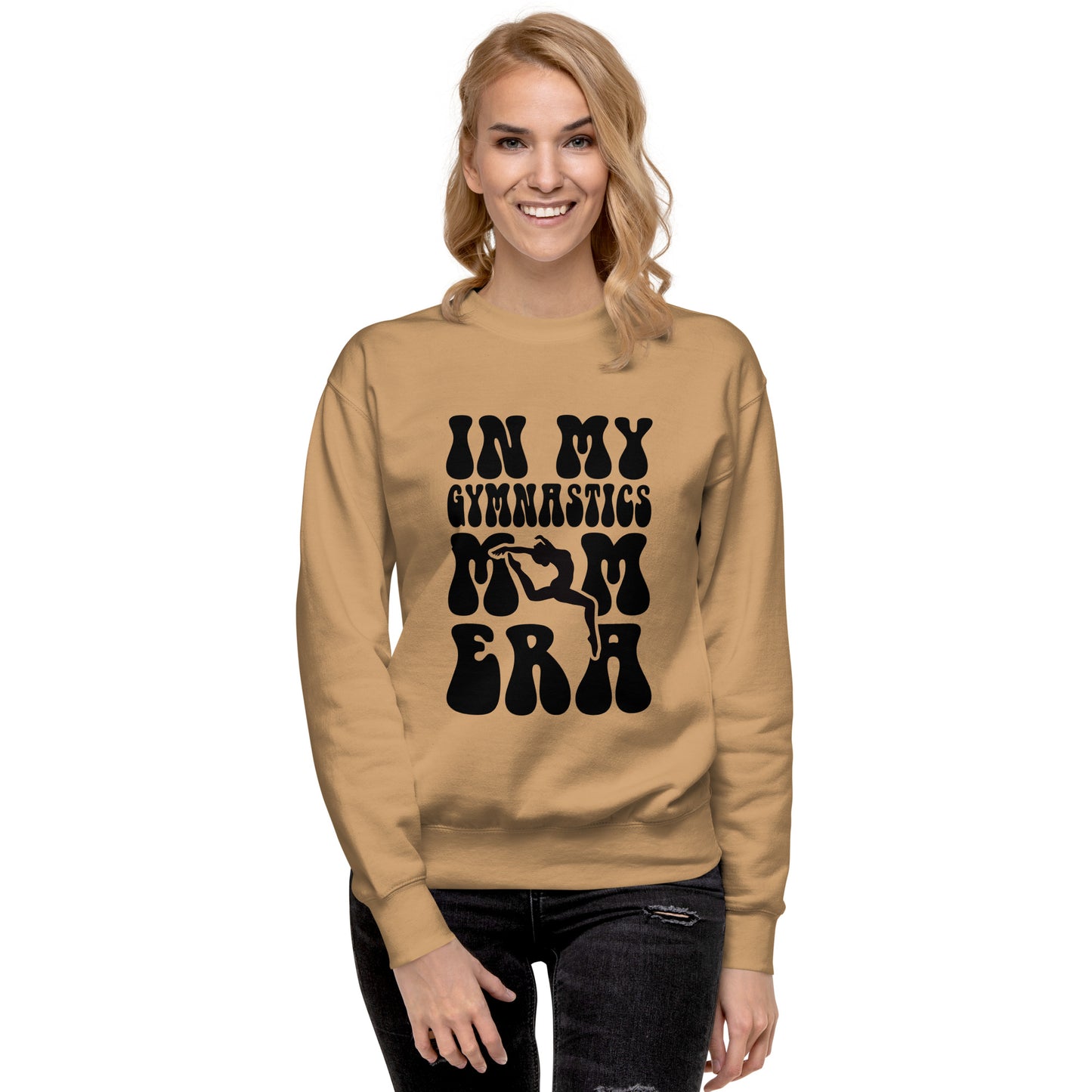 Khaki crewneck sweatshirt with black gymnastics era graphic front