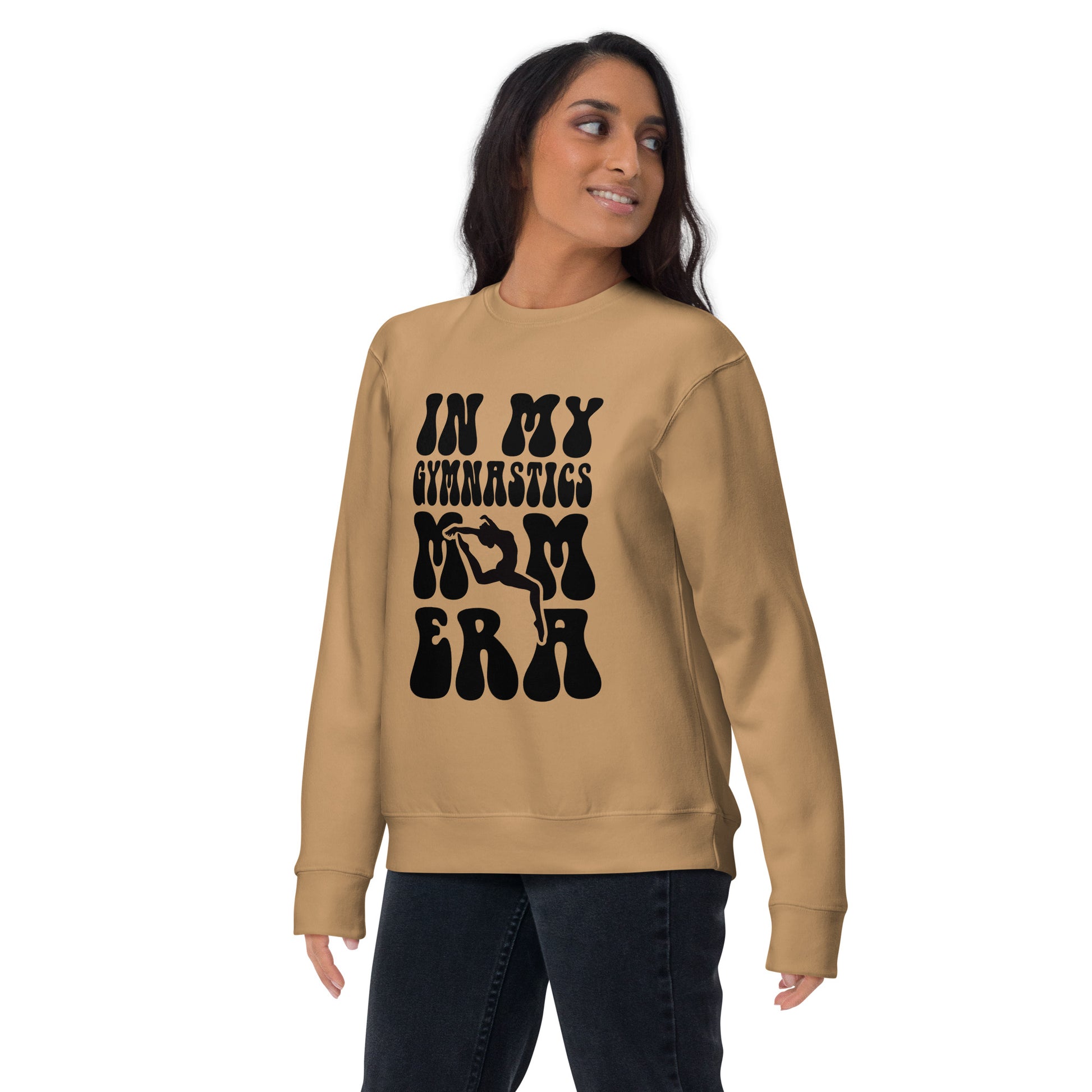 Khaki gymnastics hoodie with black “GYMNASTICS” graphic and leg/ER silhouettes