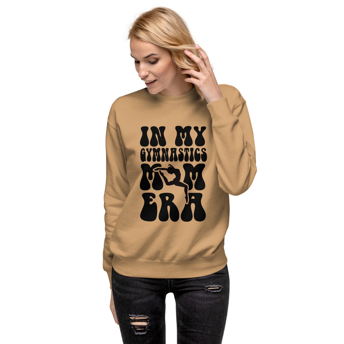 Khaki crewneck sweatshirt with black gymnastics silhouette graphic