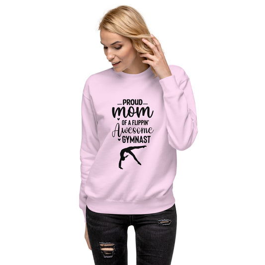 Lavender crew neck sweatshirt with gymnastics mom graphic, long sleeves, pullover