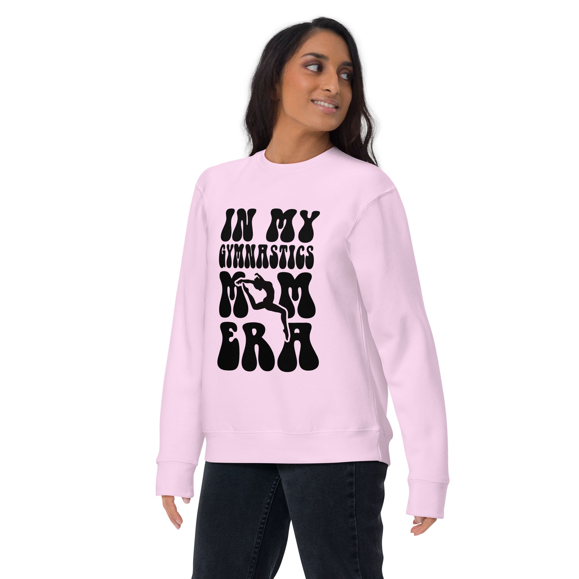 Lavender pink gymnastics hoodie with black “GYMNASTICS” graphic and leg/ER silhouettes