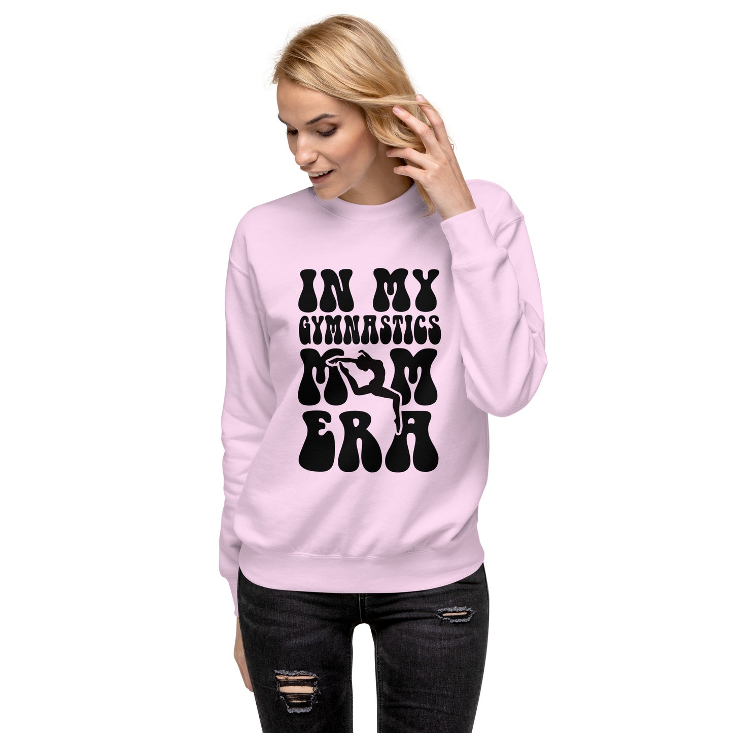 Lavender crewneck sweatshirt with black gymnastics silhouette graphic