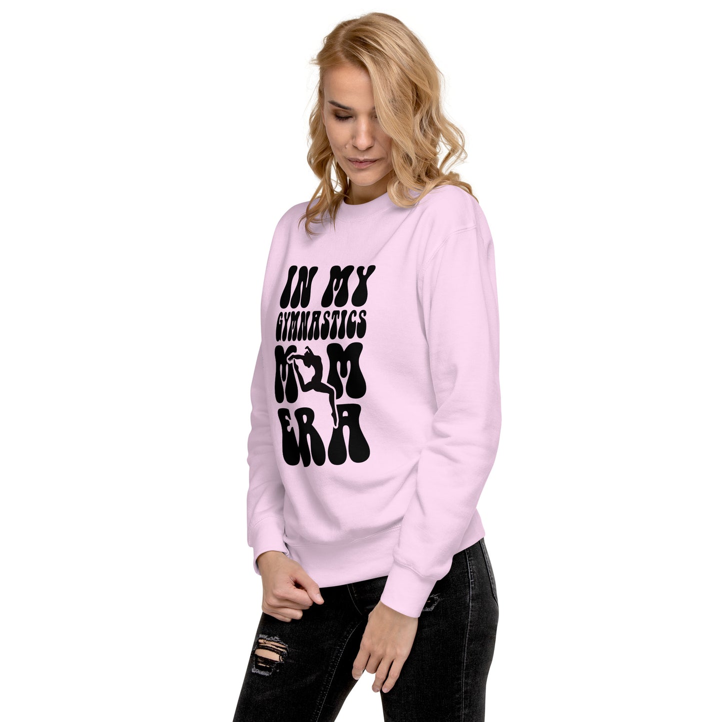 Light pink crewneck sweatshirt with black gymnastics era graphic on chest
