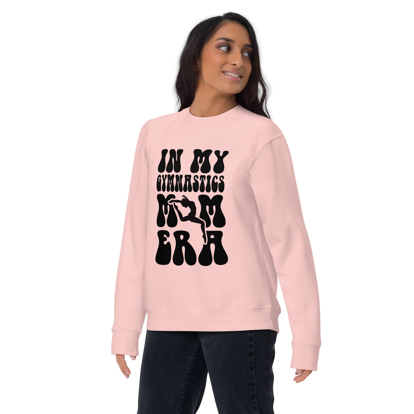 Blush pink gymnastics hoodie with black “GYMNASTICS” graphic and leg/ER silhouettes
