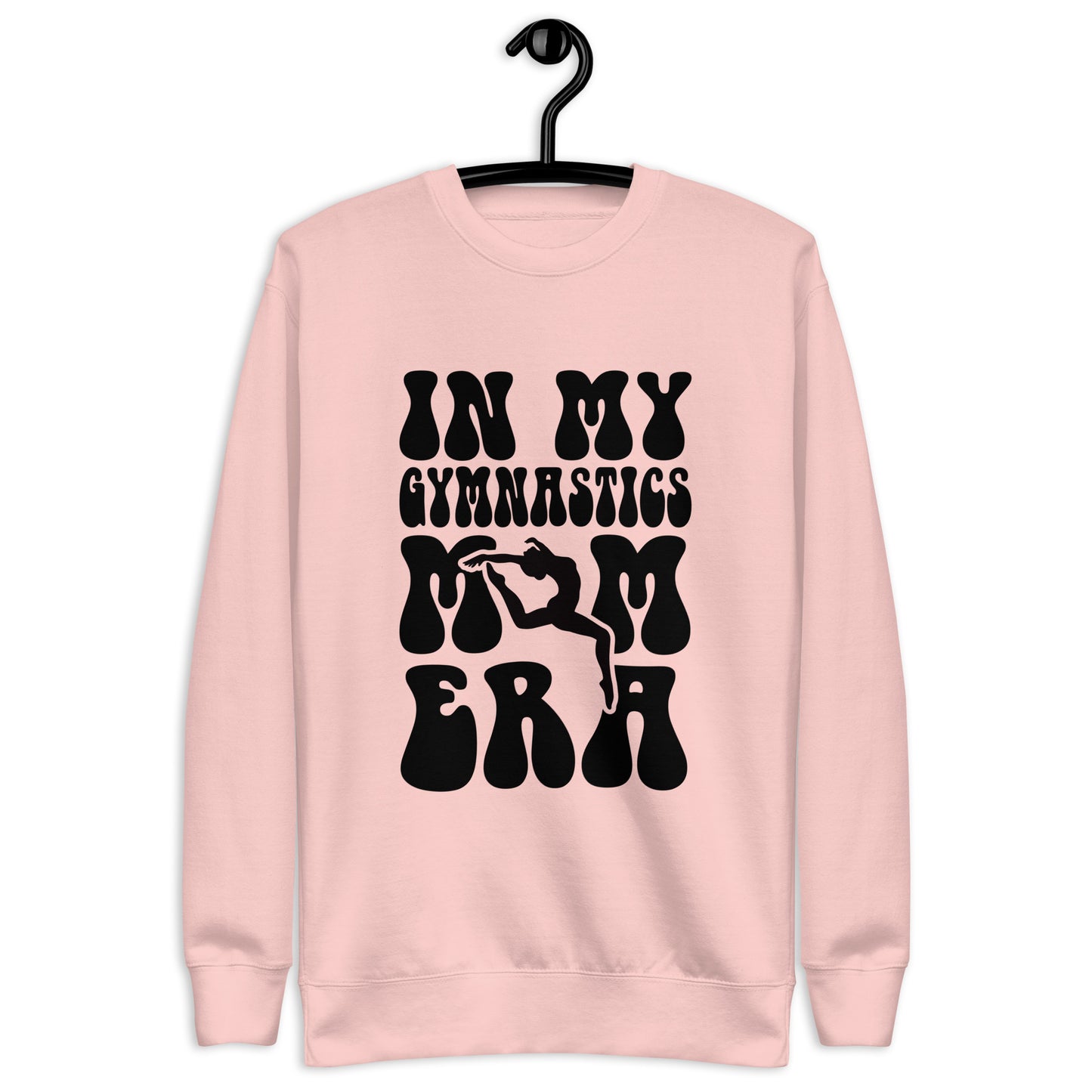 Pastel pink crewneck sweatshirt with black gymnastics mom graphic on front
