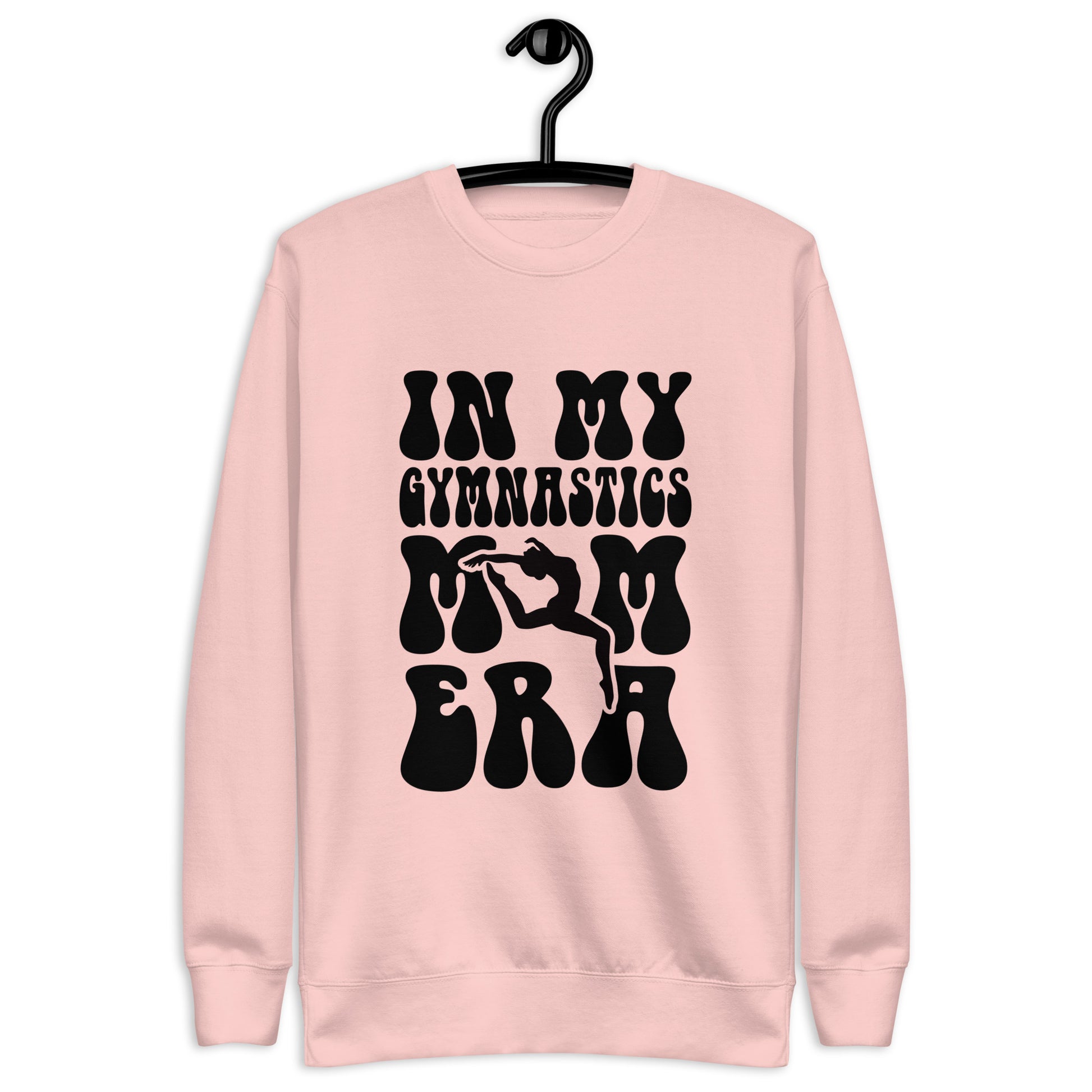 Pastel pink crewneck sweatshirt with black gymnastics mom graphic on front