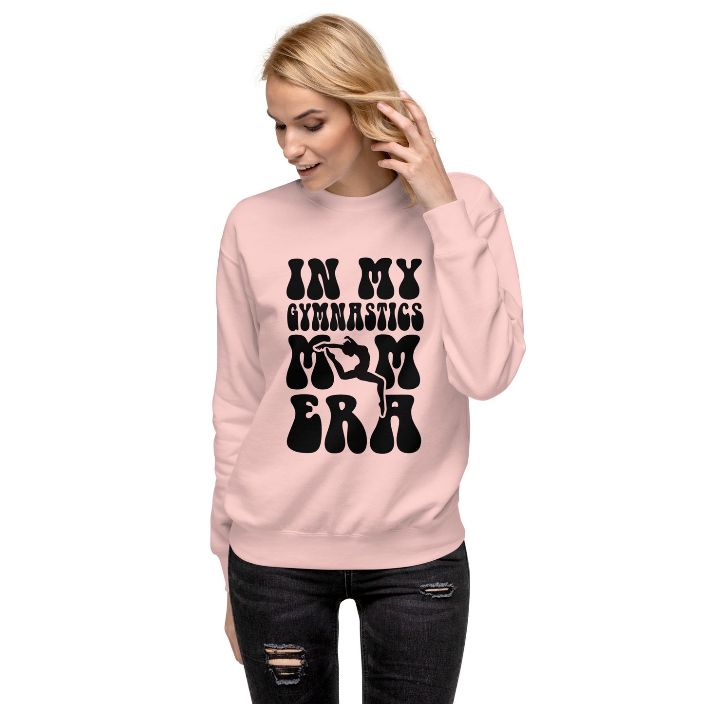 Light pink crewneck sweatshirt with black gymnastics silhouette graphic