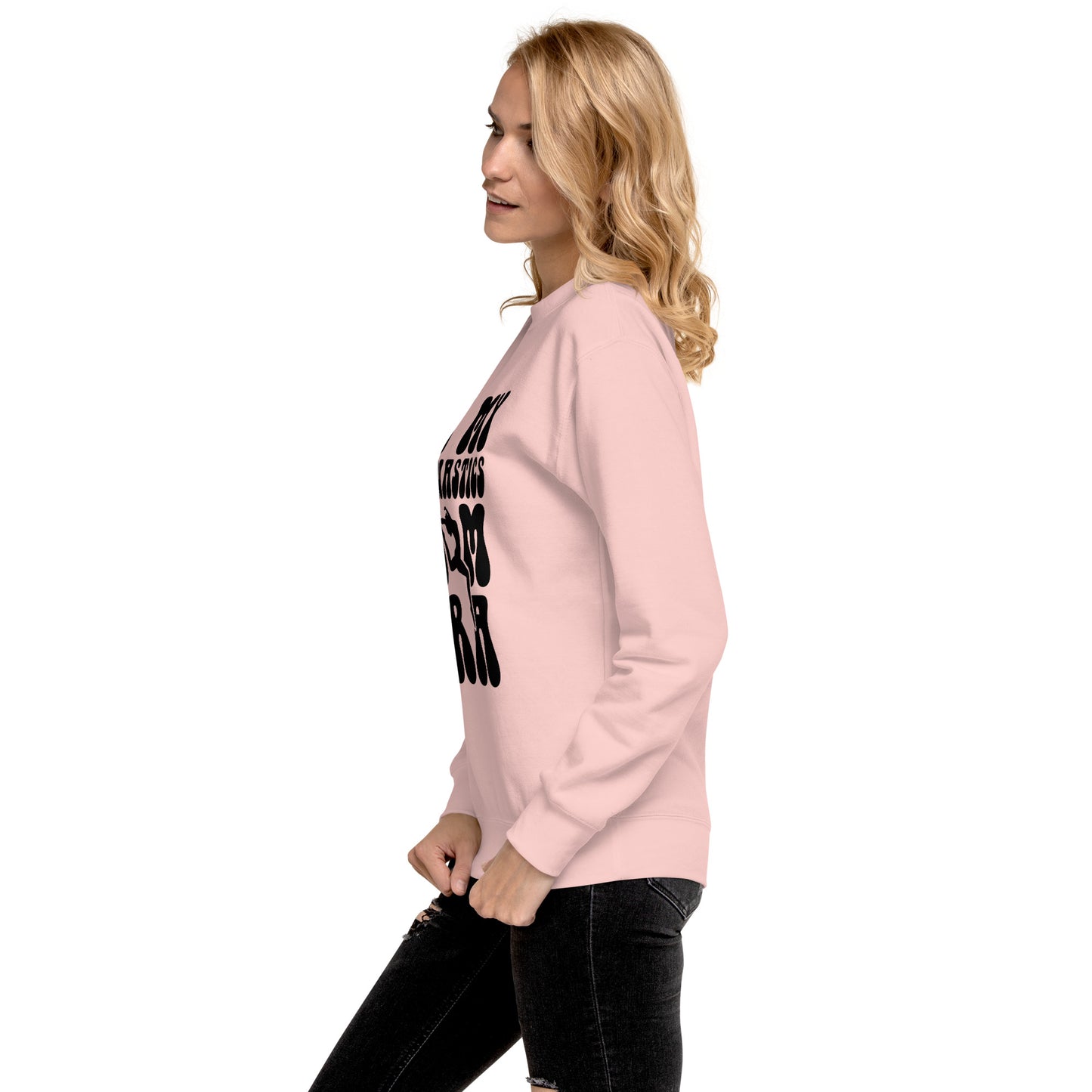 Light pink crewneck sweatshirt with black graphic detail on back
