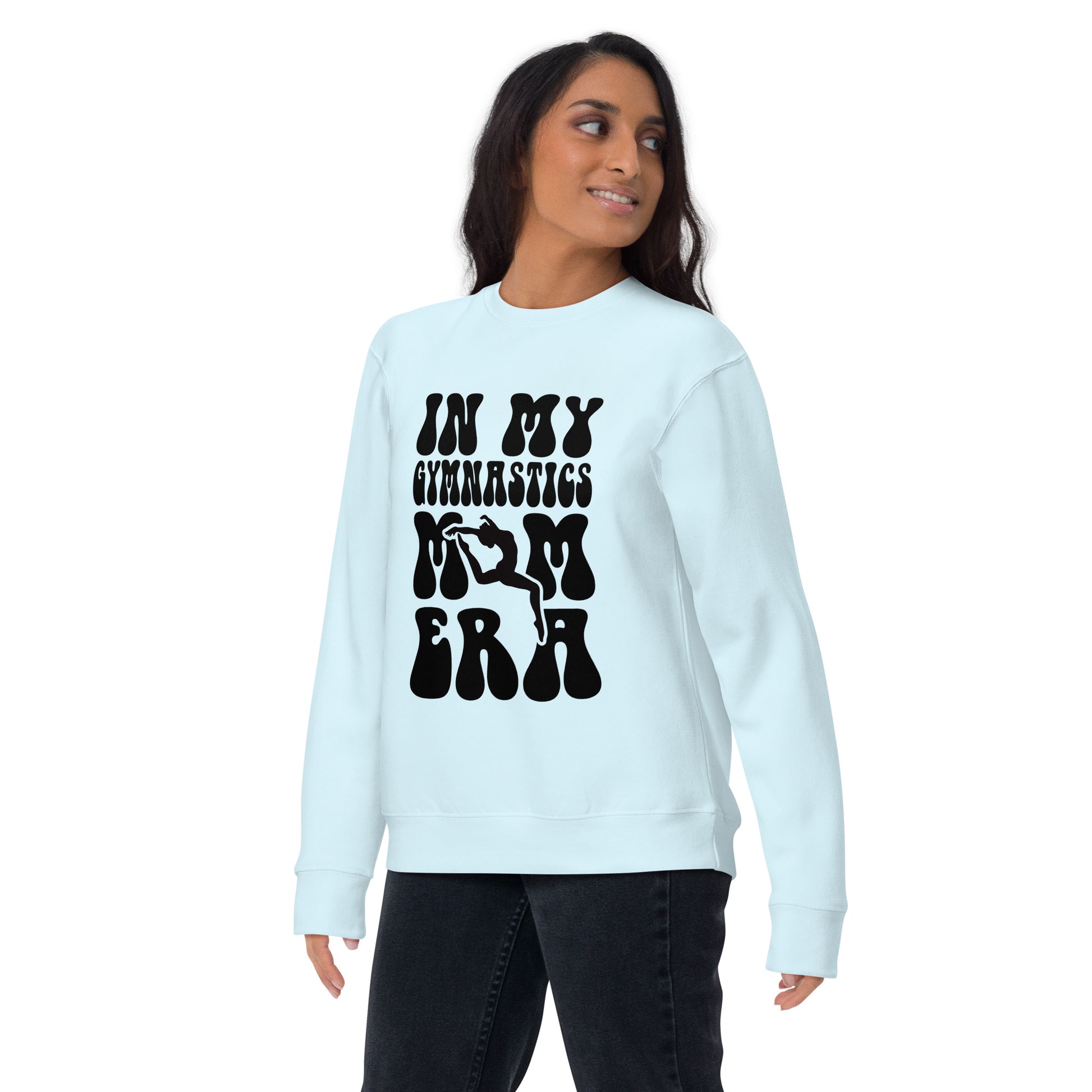 Light sky blue gymnastics hoodie with black “GYMNASTICS” graphic and leg/ER silhouettes