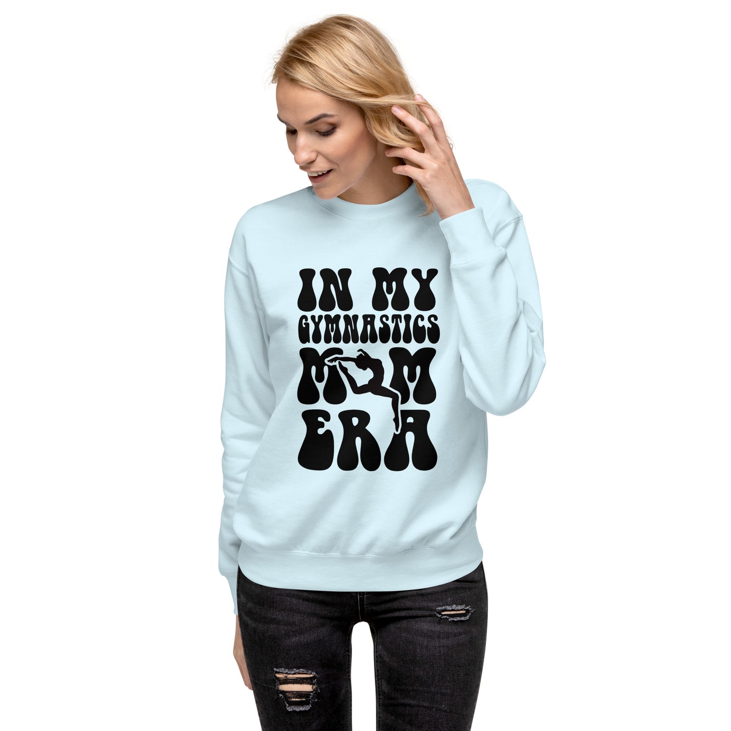 Light blue crewneck sweatshirt with black gymnastics silhouette graphic
