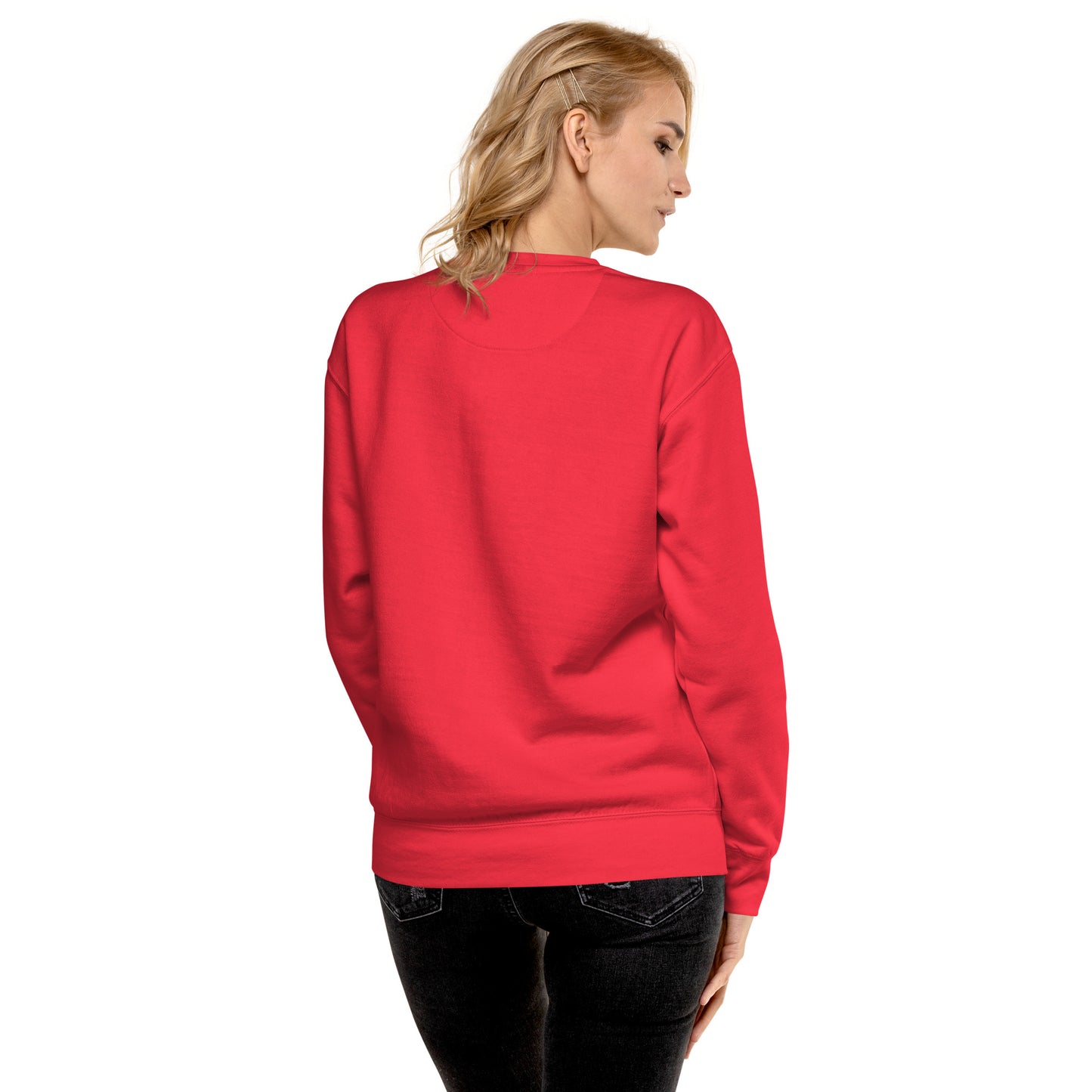 Red crewneck sweatshirt, back view