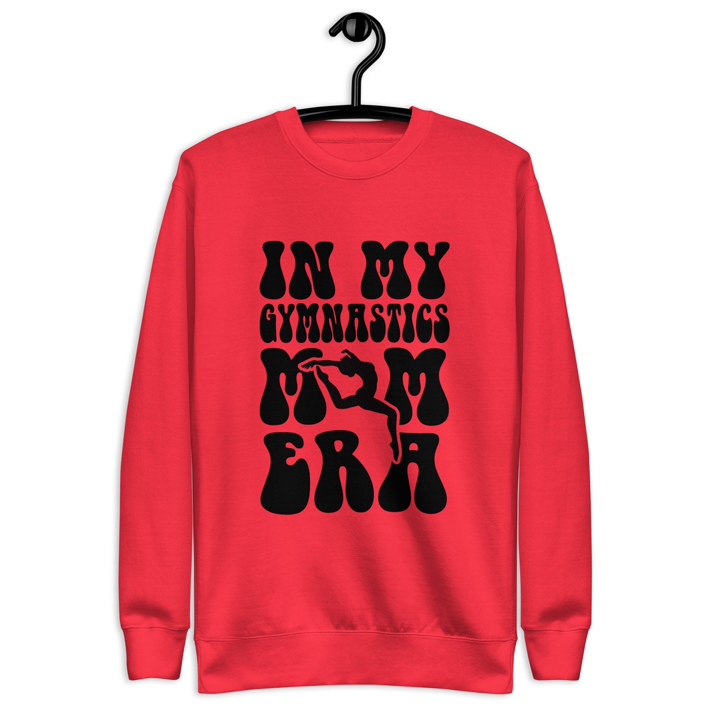 Red gymnastics hoodie on hanger with black “GYMNASTICS” graphic and leg/ER silhouettes