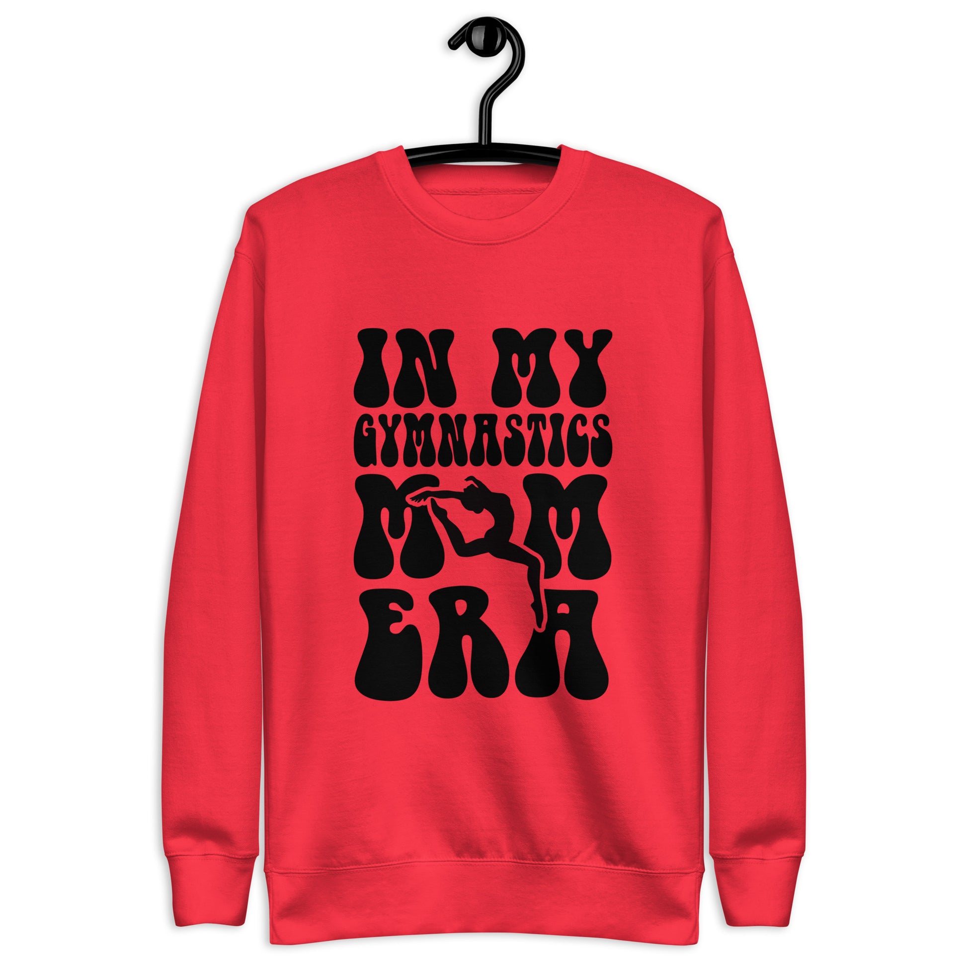 Red gymnastics hoodie on hanger with black “GYMNASTICS” graphic and leg/ER silhouettes